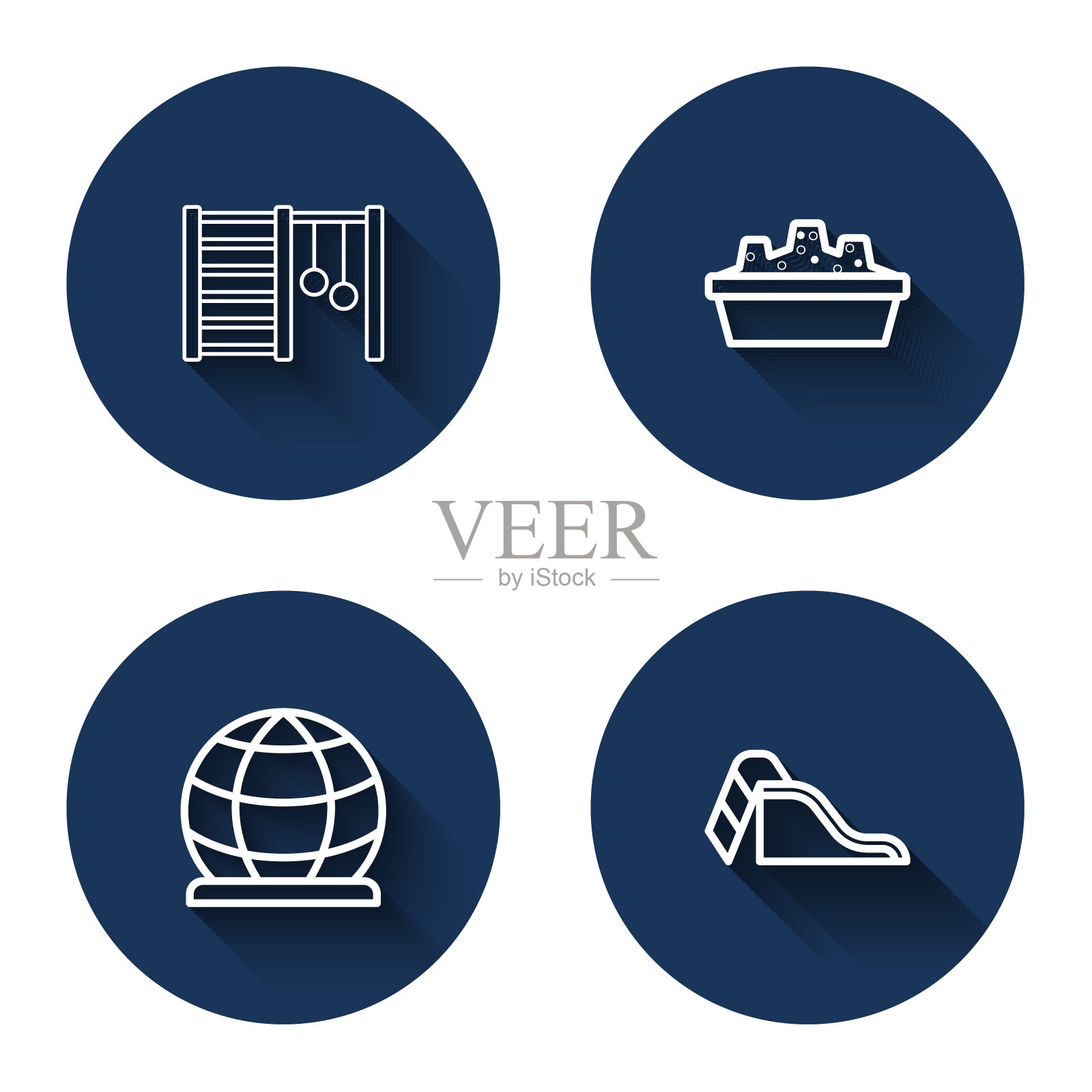 设线瑞典墙、沙盒、游乐场攀爬设备、长影滑梯。蓝色圆圈按钮。向量插画图片素材