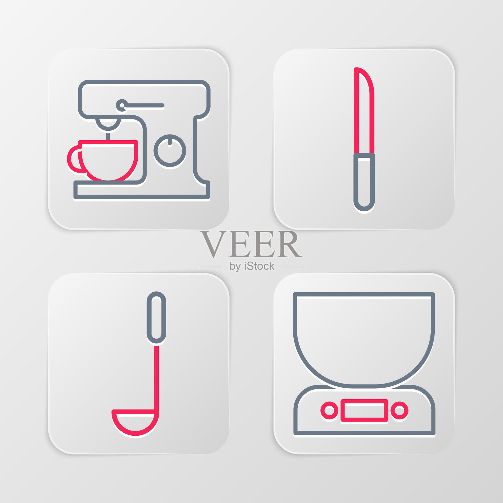 设置线电子秤,厨房勺子,刀和电动搅拌器图标。向量插画图片素材