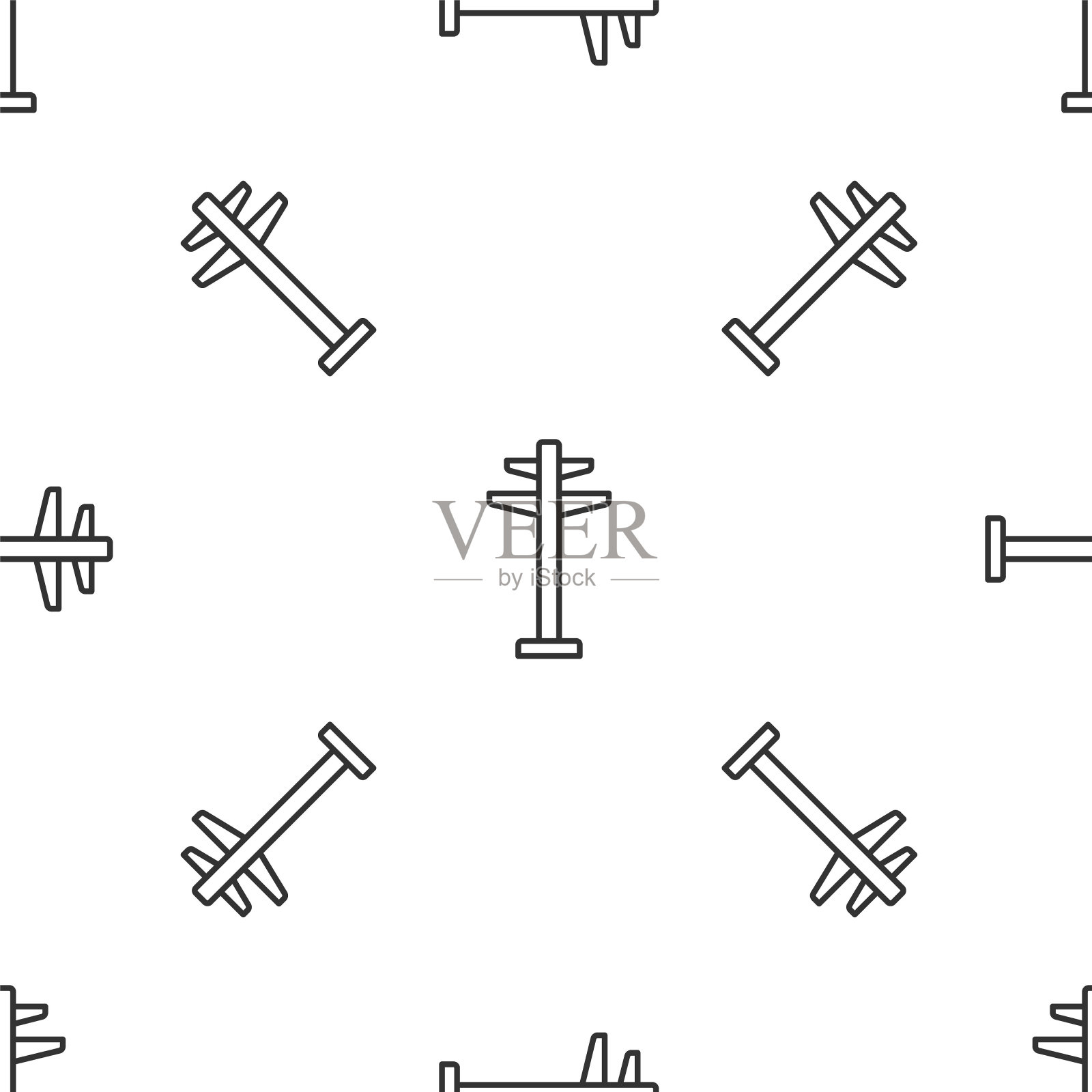 灰线电力塔用于支持架空电力线图标隔离无缝图案在白色背景。高压电源线。向量插画图片素材