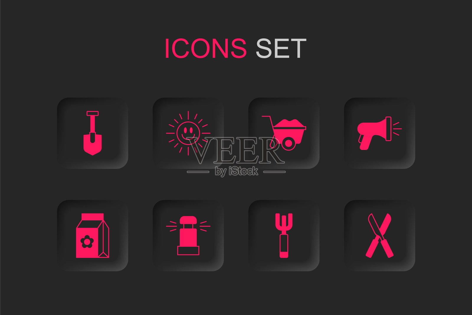 设置自动灌溉洒水器,太阳,铲子,花园干草叉,软管,园艺剪刀,独轮车和包满种子图标。向量插画图片素材