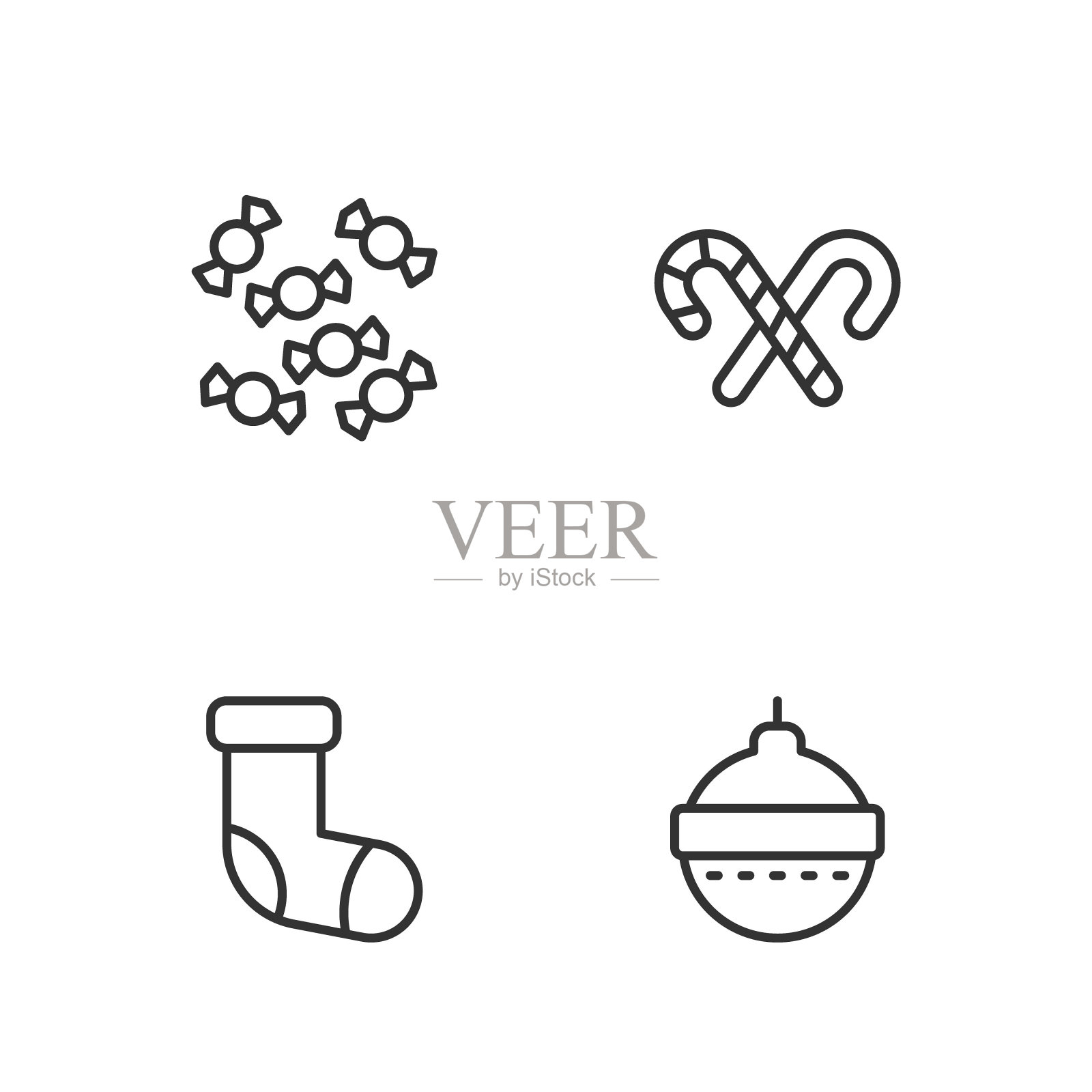 设置线圣诞球,长袜,糖果和手杖与条纹图标。向量插画图片素材