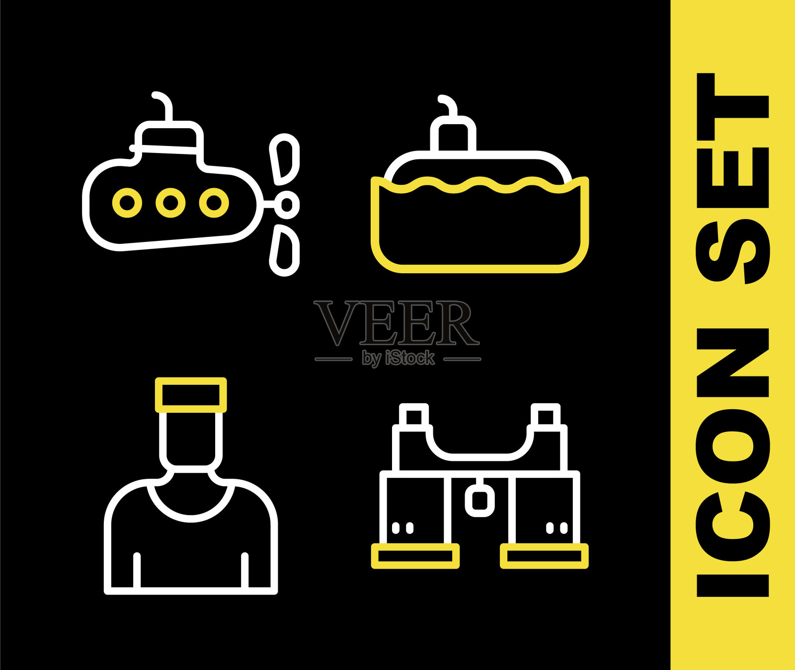 潜艇,双筒望远镜,水手船长和图标。向量插画图片素材