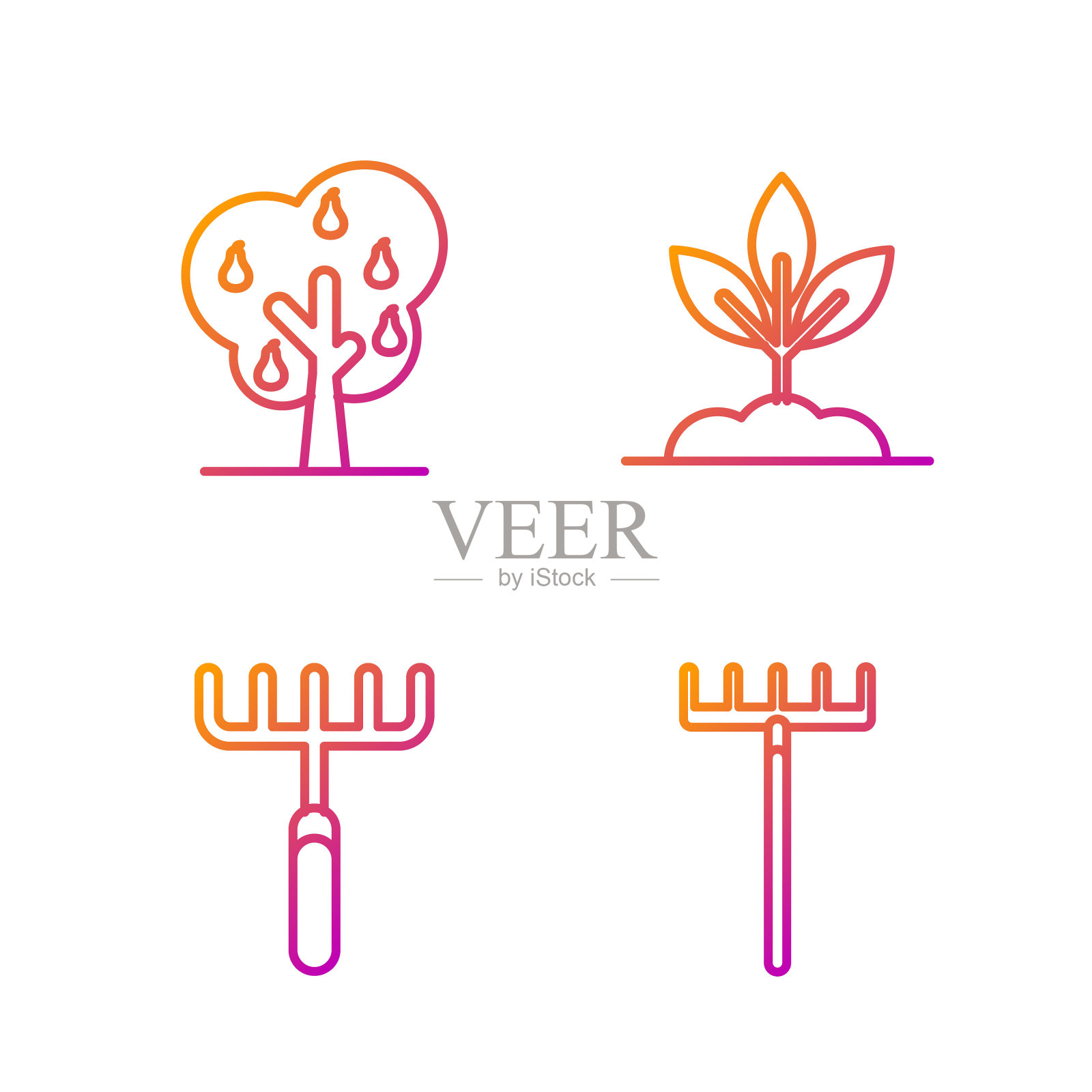 设线花园耙,花园耙,梨树和植物。渐变颜色图标。向量插画图片素材