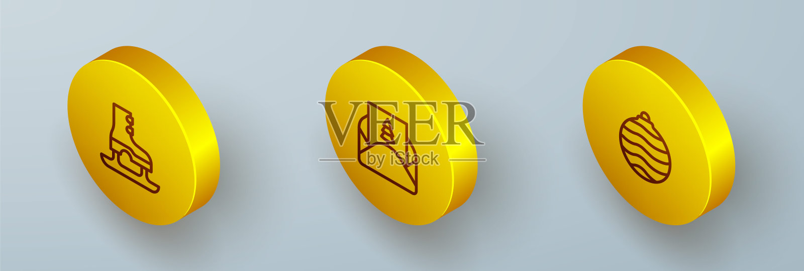 设置等距线溜冰鞋,信封和圣诞球图标。向量插画图片素材