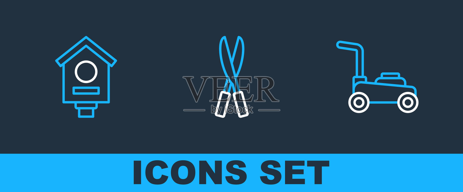 设置线割草机,鸟屋和园艺手工剪刀图标。向量插画图片素材