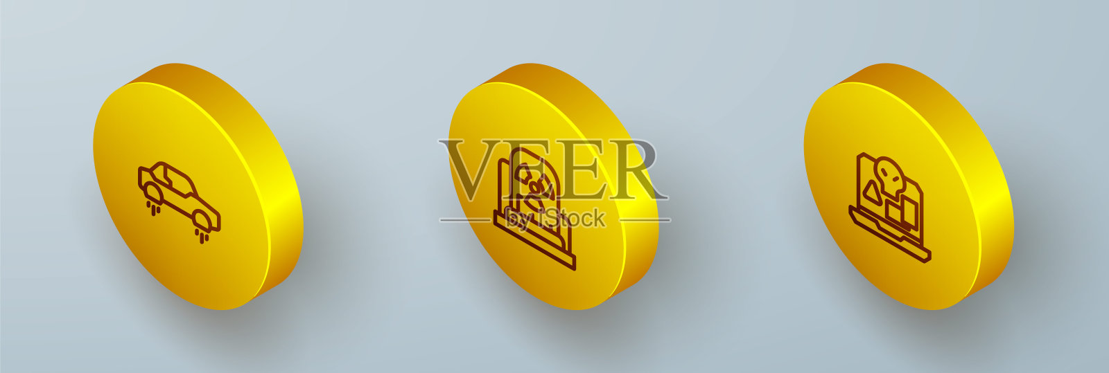 设定等距线神奇的飞行汽车,放射性警告灯和互联网盗版图标。向量插画图片素材