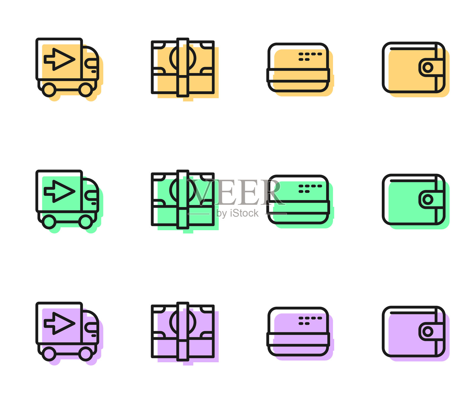 设置线路信用卡,送货卡车,堆栈纸币现金和钱包图标。向量插画图片素材