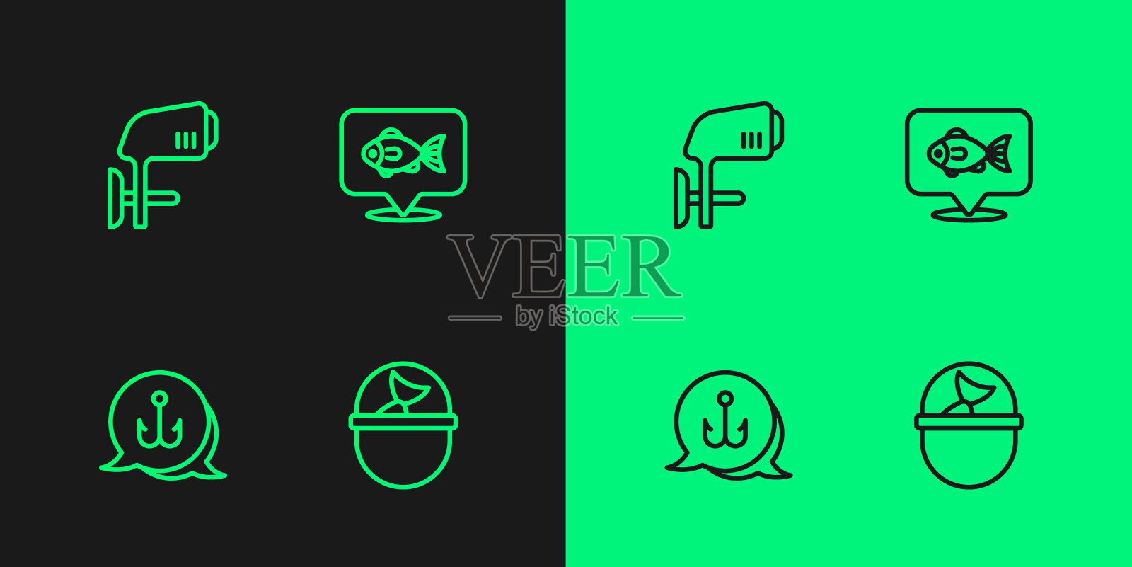 设置线钓鱼桶与鱼,钩,舷外船电机和位置钓鱼图标。向量插画图片素材