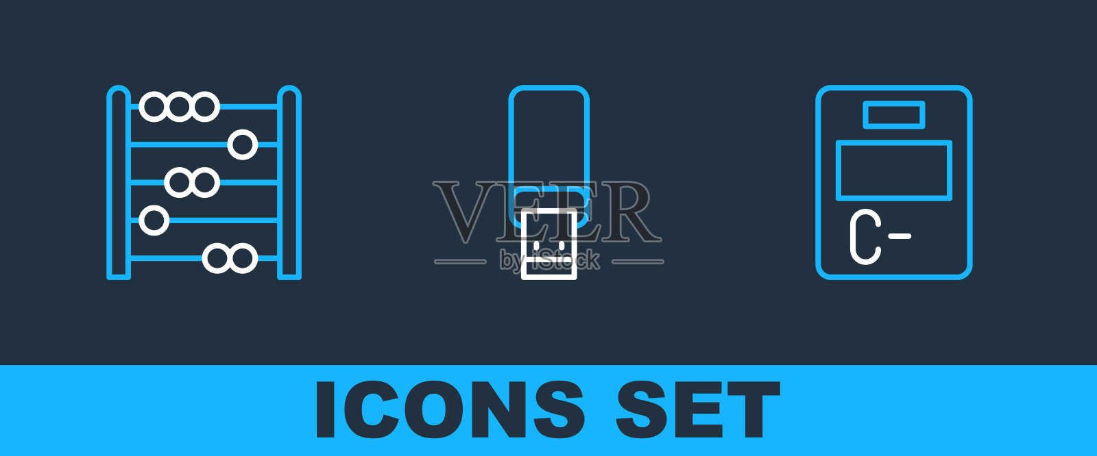 设置线考试试卷与错误的答案,算盘和USB闪存驱动器图标。向量插画图片素材