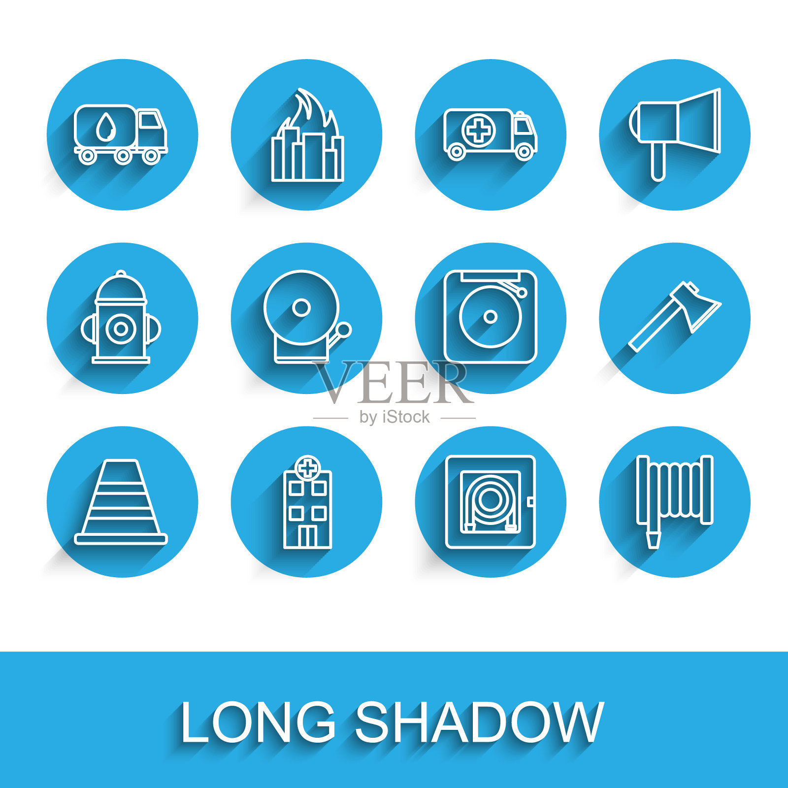 集线交通锥,医疗医院大楼,送水车,消防软管柜,卷轴,响警铃,消防员斧头和图标。向量插画图片素材