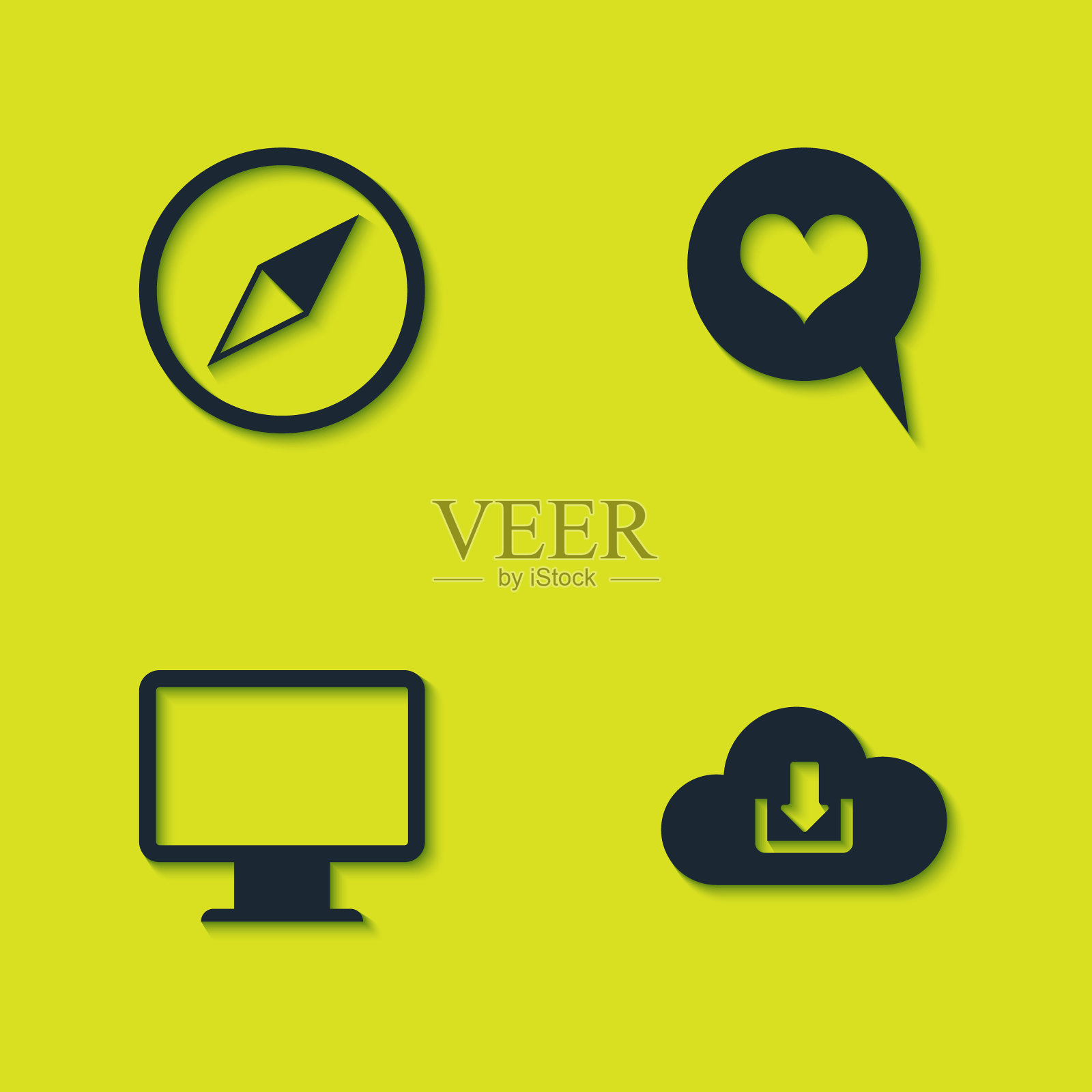 集风玫瑰,云下载,电脑显示器屏幕和心脏语音气泡图标。向量插画图片素材