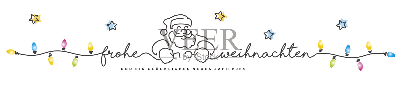 圣诞快乐和新年快乐2024年前夕德语线设计手写字母印刷线设计图案与圣诞老人打开圣诞灯在一个白色的背景插画图片素材