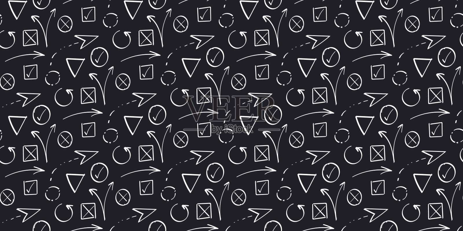 在黑色背景上用粉笔画出的选择符号和箭头图案。打勾,叉,打勾插画图片素材