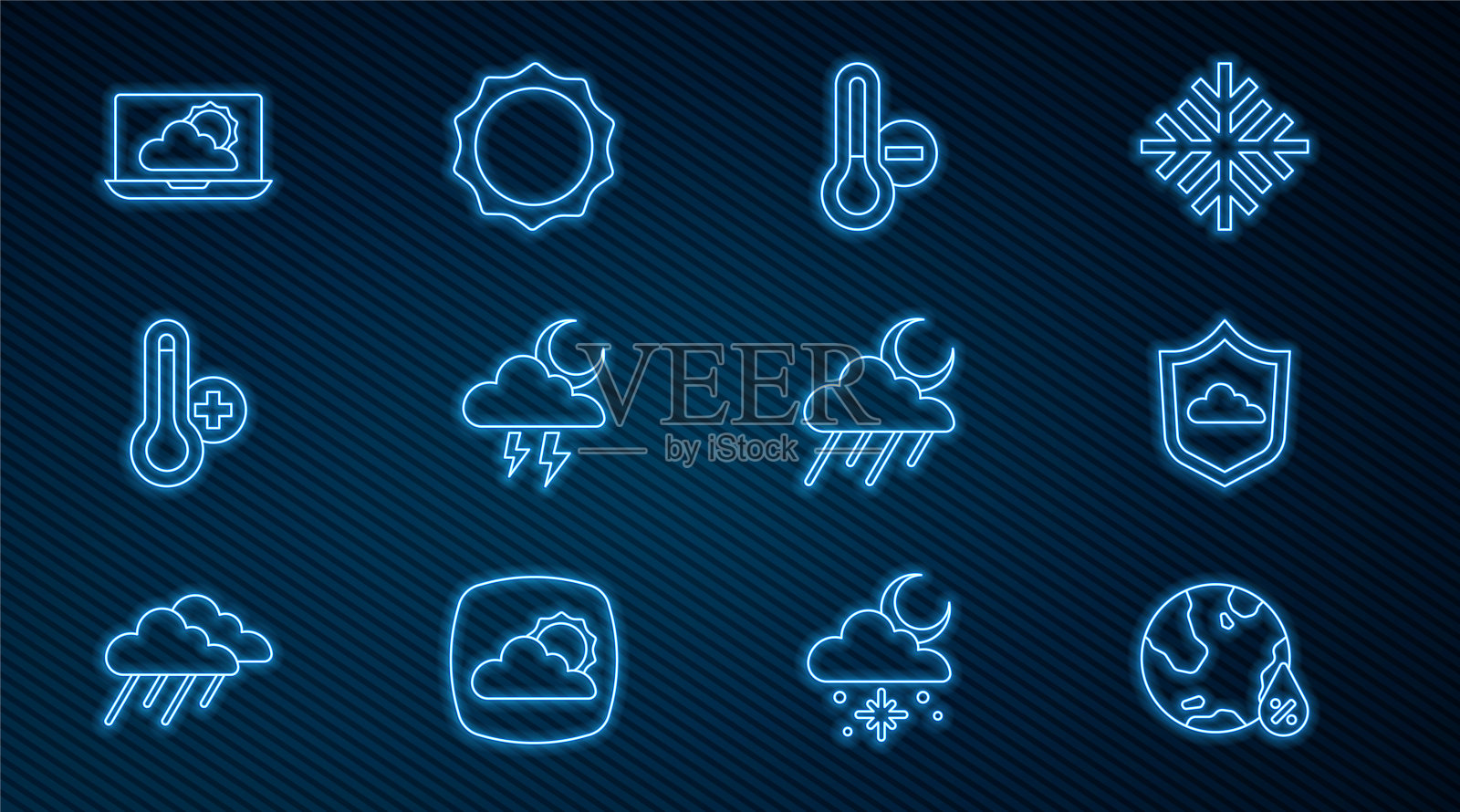 设置线水滴百分比,天气预报,气象温度计,风暴,云与雨和月亮和太阳的图标。向量插画图片素材