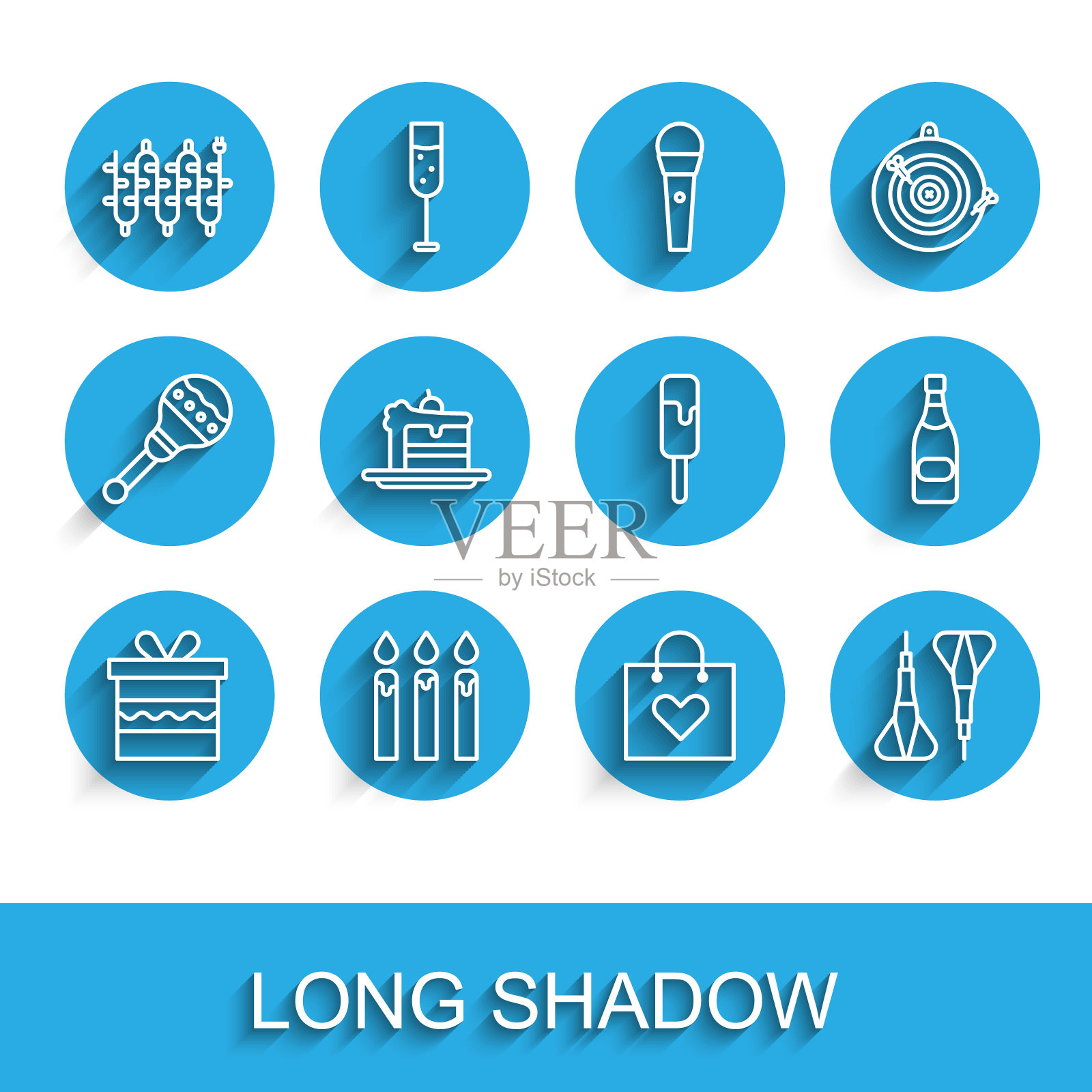 设线礼盒,生日蛋糕蜡烛,圣诞灯,购物袋与心脏,飞镖箭,蛋糕,香槟瓶和冰淇淋图标。向量插画图片素材