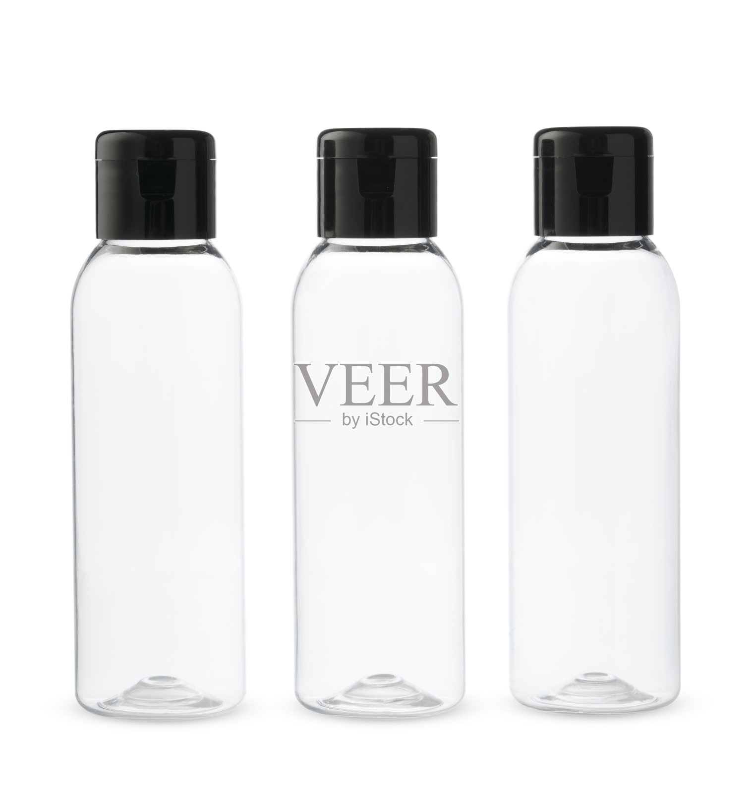 三个白色背景黑色瓶盖的透明塑料瓶照片摄影图片