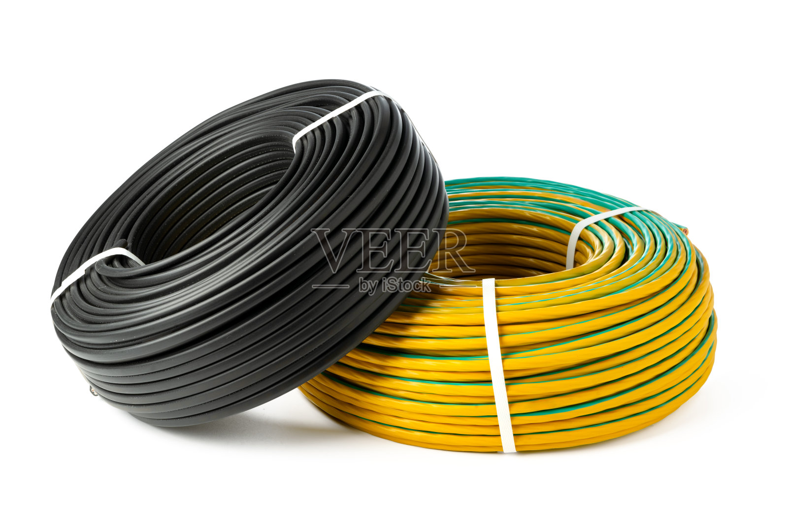 黄色和黑色电线线轴隔离在白色背景上照片摄影图片