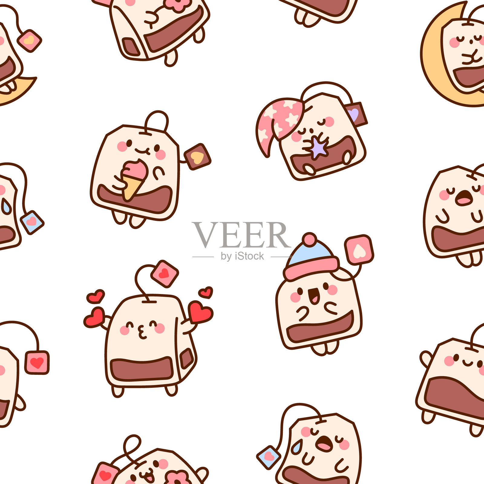 不同情感的搞笑茶包。无缝模式。卡通人物。手绘风格。矢量图。设计的饰品。插画图片素材