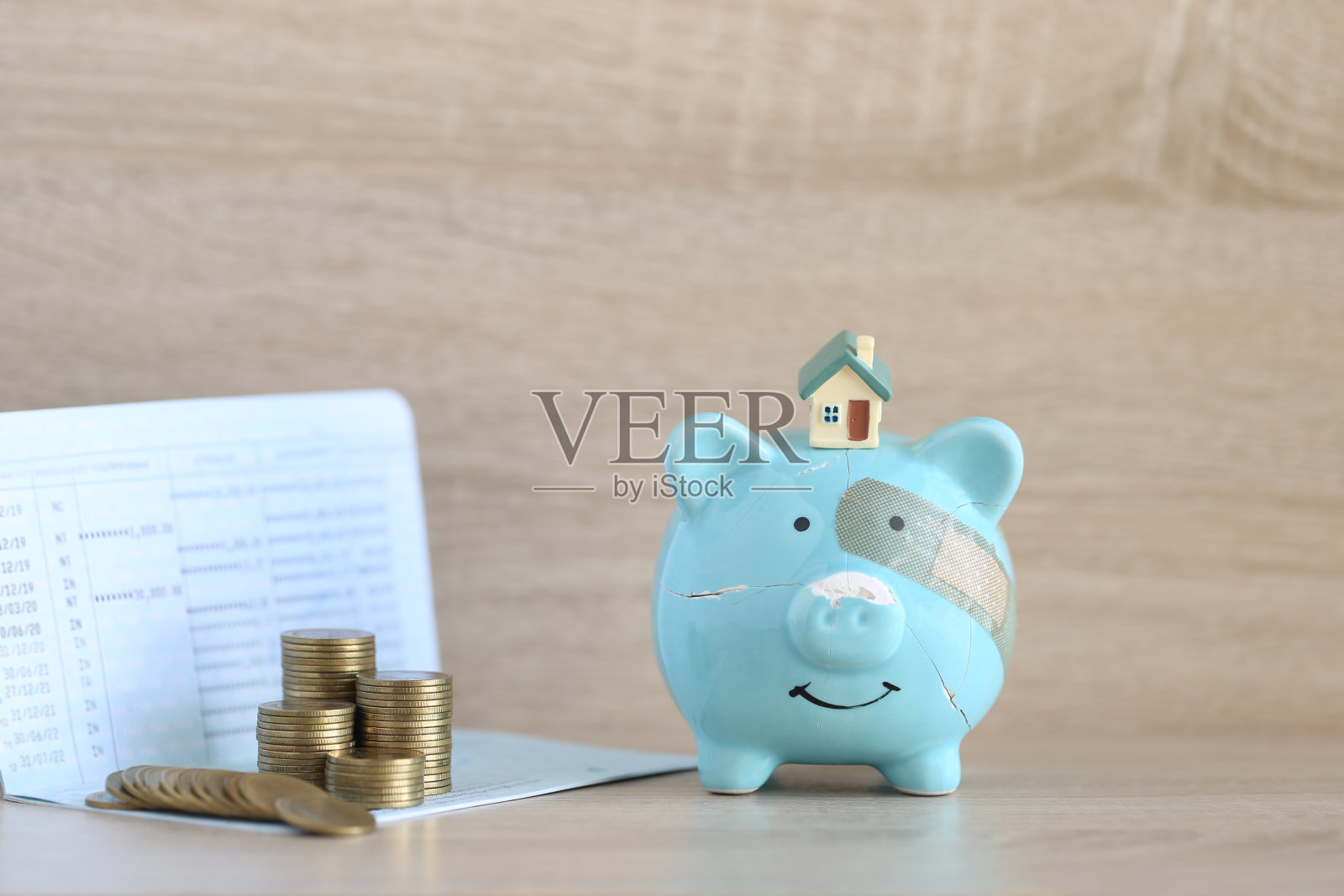 财务问题,打碎的存钱罐上的样板房和木头背景上的一堆硬币,经营理念破产或失败,贫困照片摄影图片