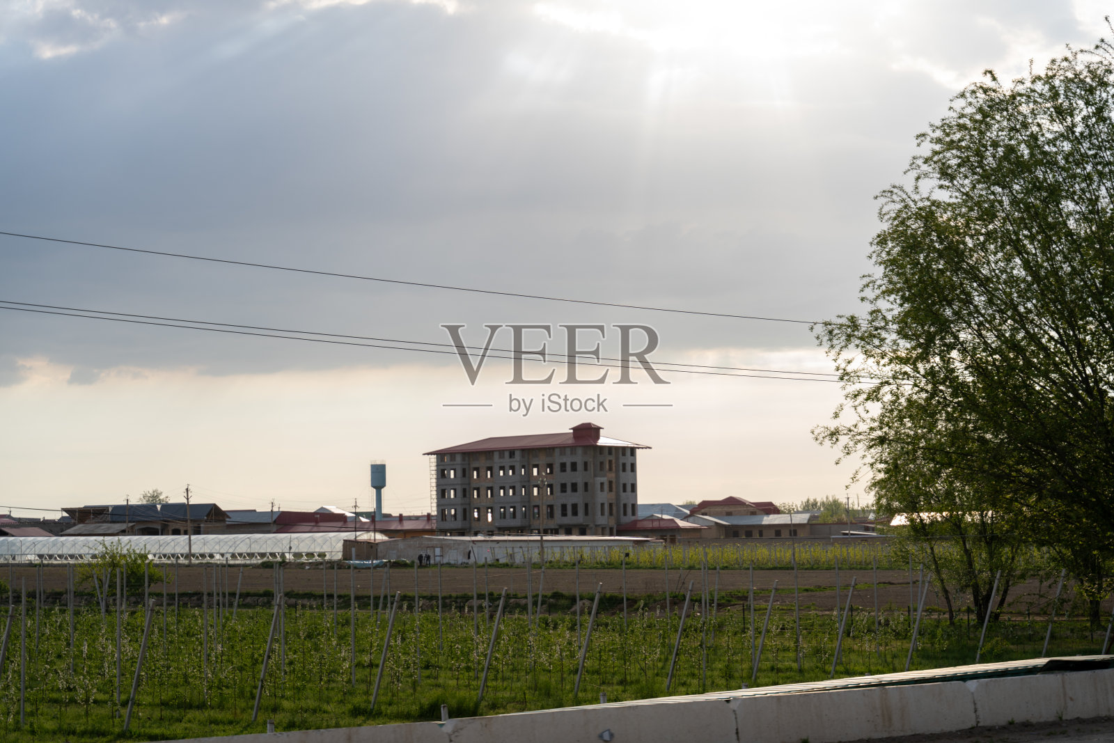 背景是一座红色屋顶的大楼照片摄影图片