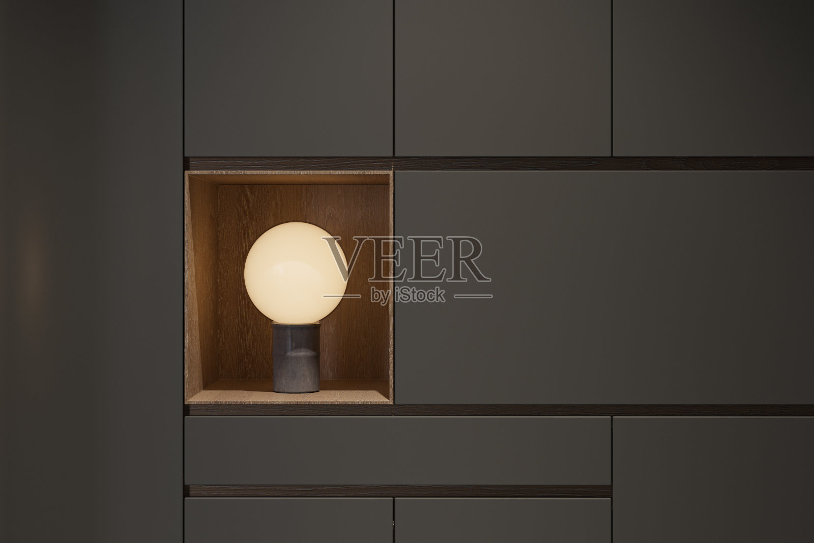 LED圆灯布置成黑壁柜,室内设计,3D渲染照片摄影图片