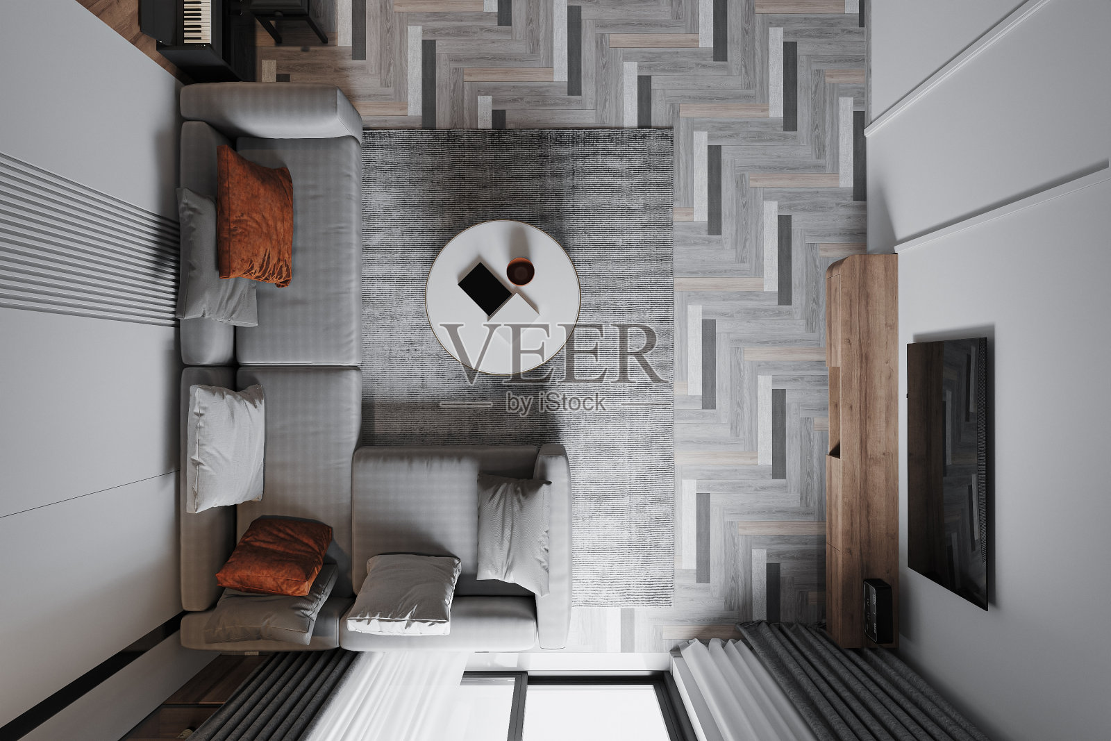 客厅俯视图,室内设计现代感十足,沙发和茶几井井有条照片摄影图片