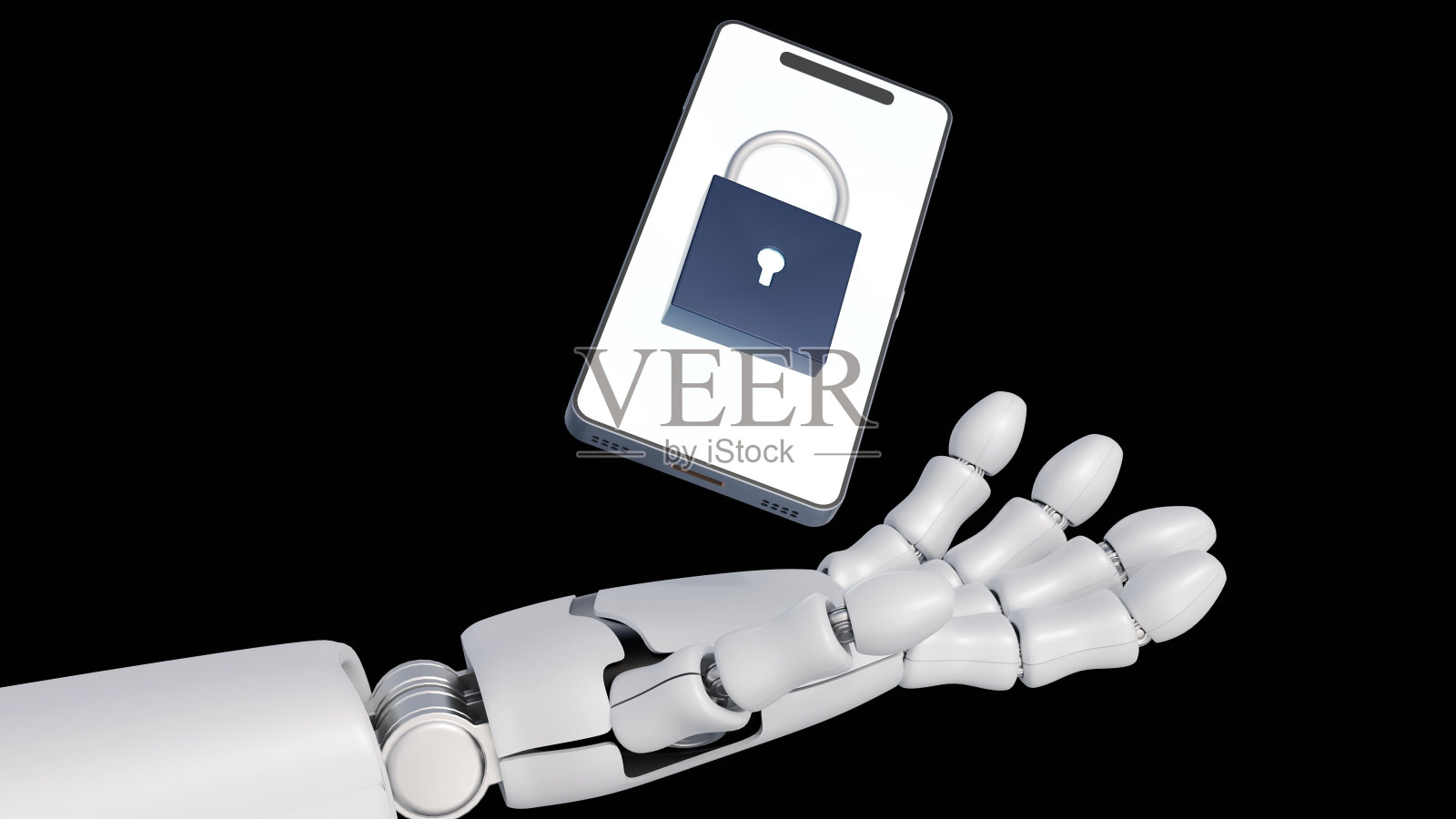 一只带着挂锁的机械手从智能手机屏幕上伸出来照片摄影图片