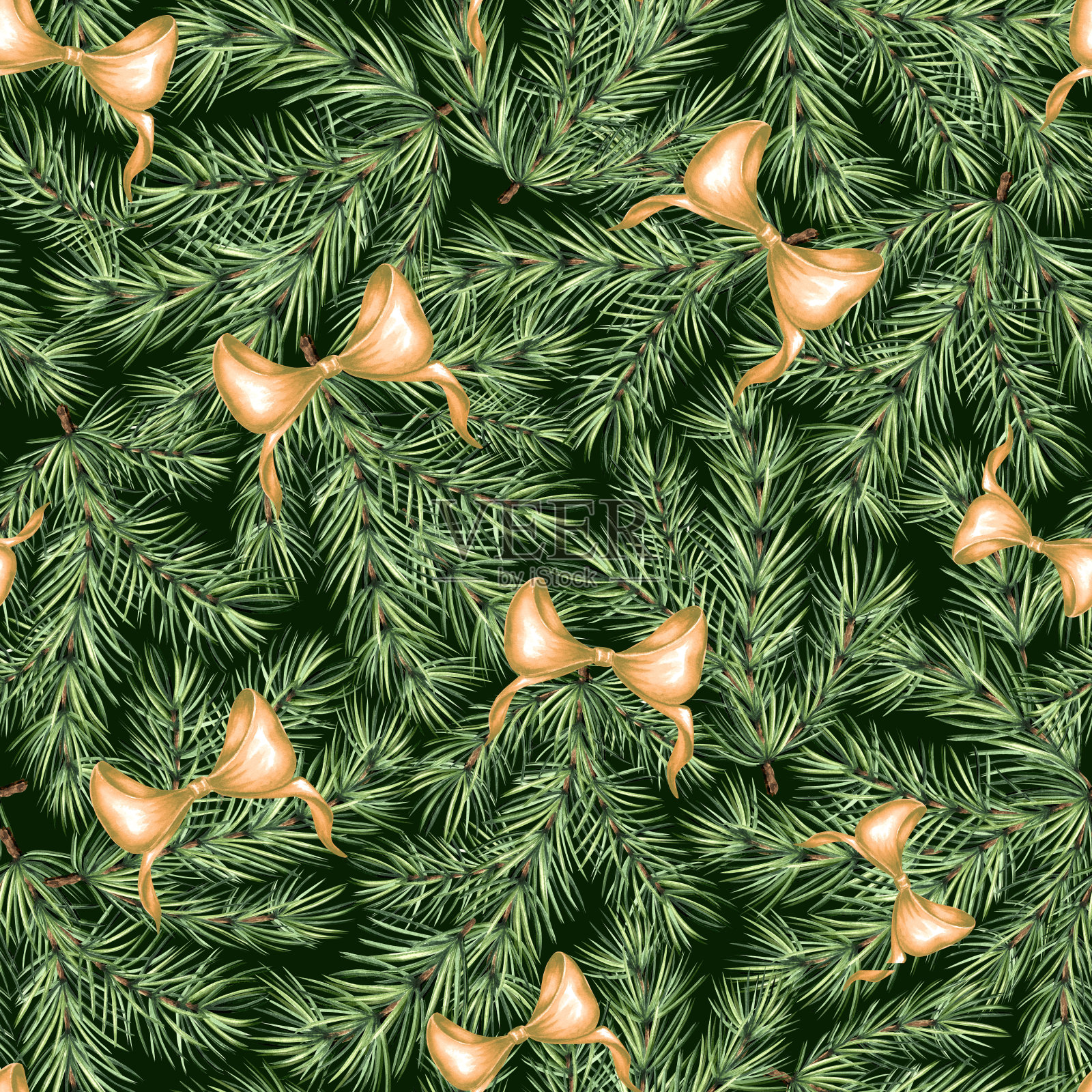 绿色的云杉树枝上有金色的蝴蝶结。圣诞无缝图案复古。手绘水彩插图。松树树枝。冬季背景。新年隔离模板,包装,纺织品。插画图片素材