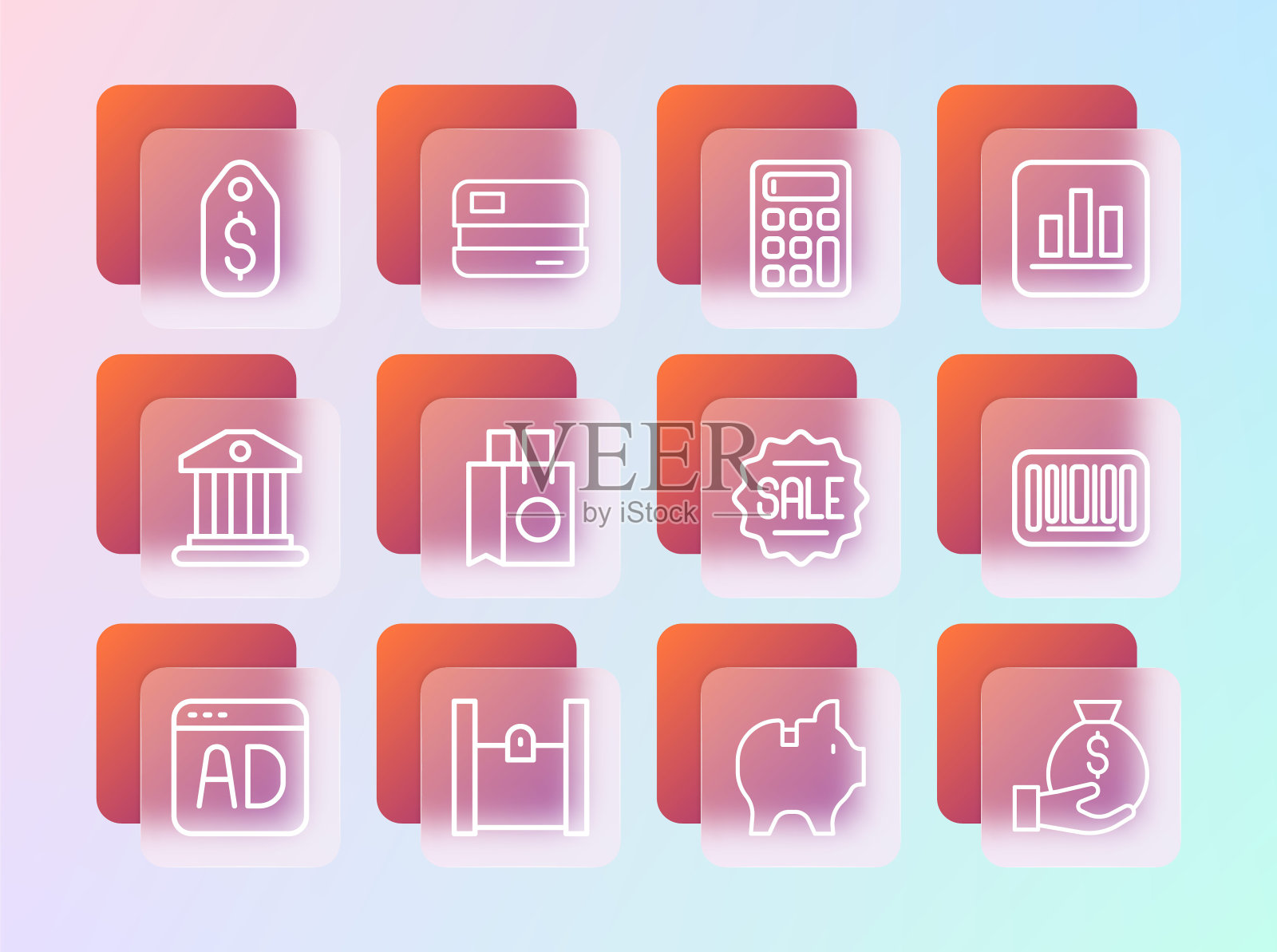 设置线饼图信息图,纸购物袋,价格标签与销售,储蓄罐,计算器,美元和信用卡图标。向量插画图片素材