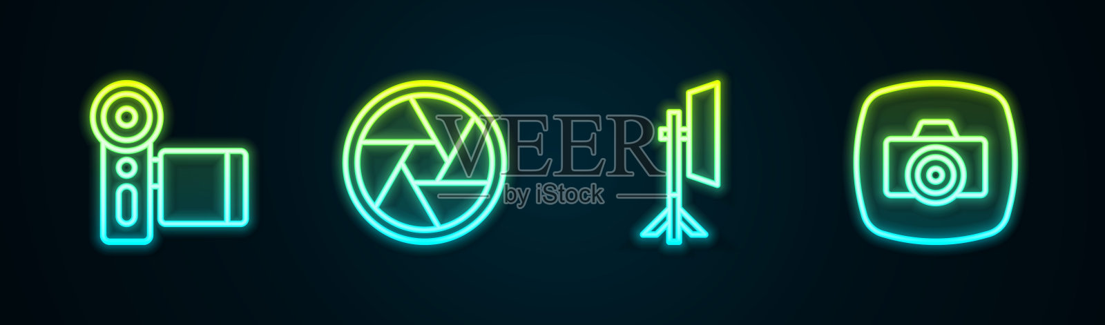 集线电影相机,相机快门,工作室灯泡软箱和照片。发光的霓虹灯图标。向量插画图片素材