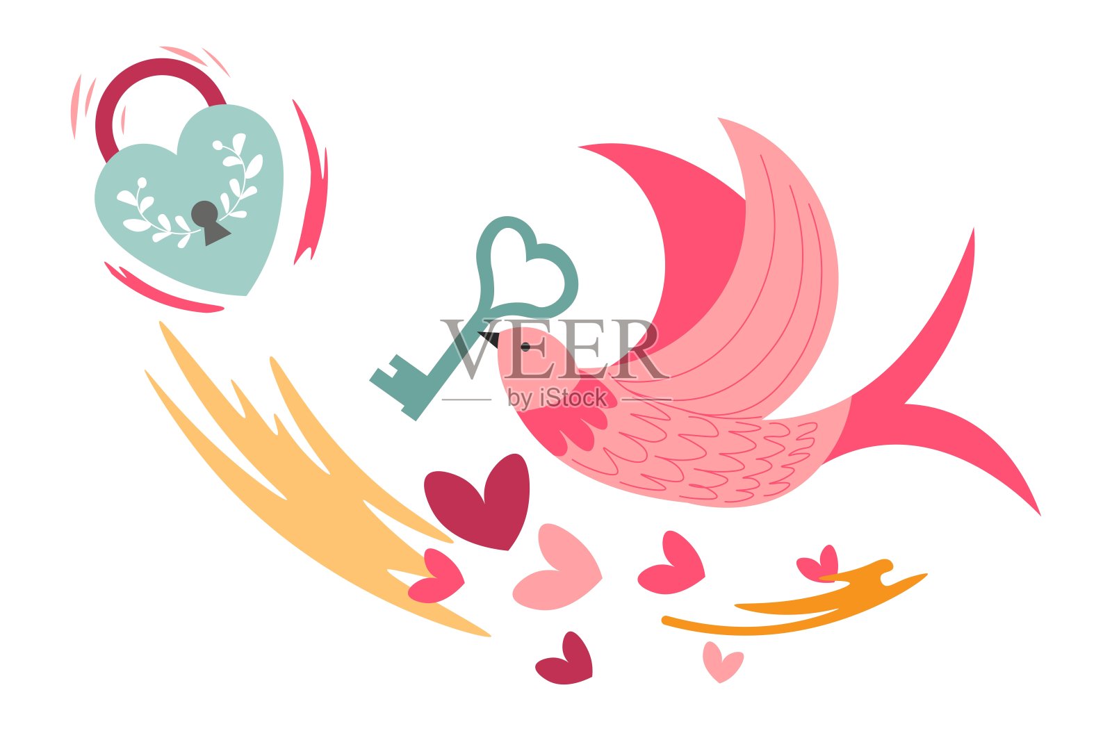 鸽子在飞行,钥匙接近锁定方向插画图片素材