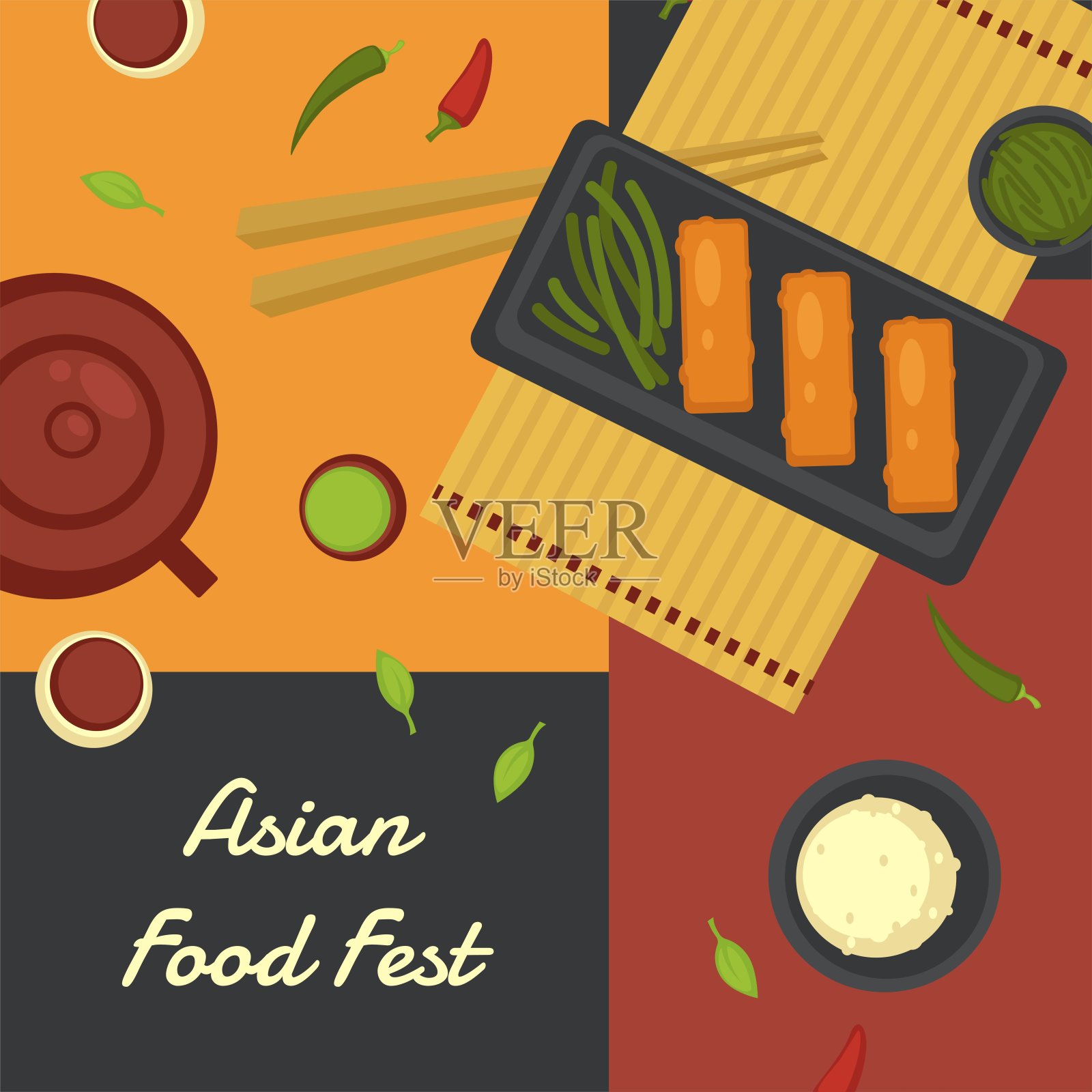 亚洲美食节,茶水和餐点插画图片素材