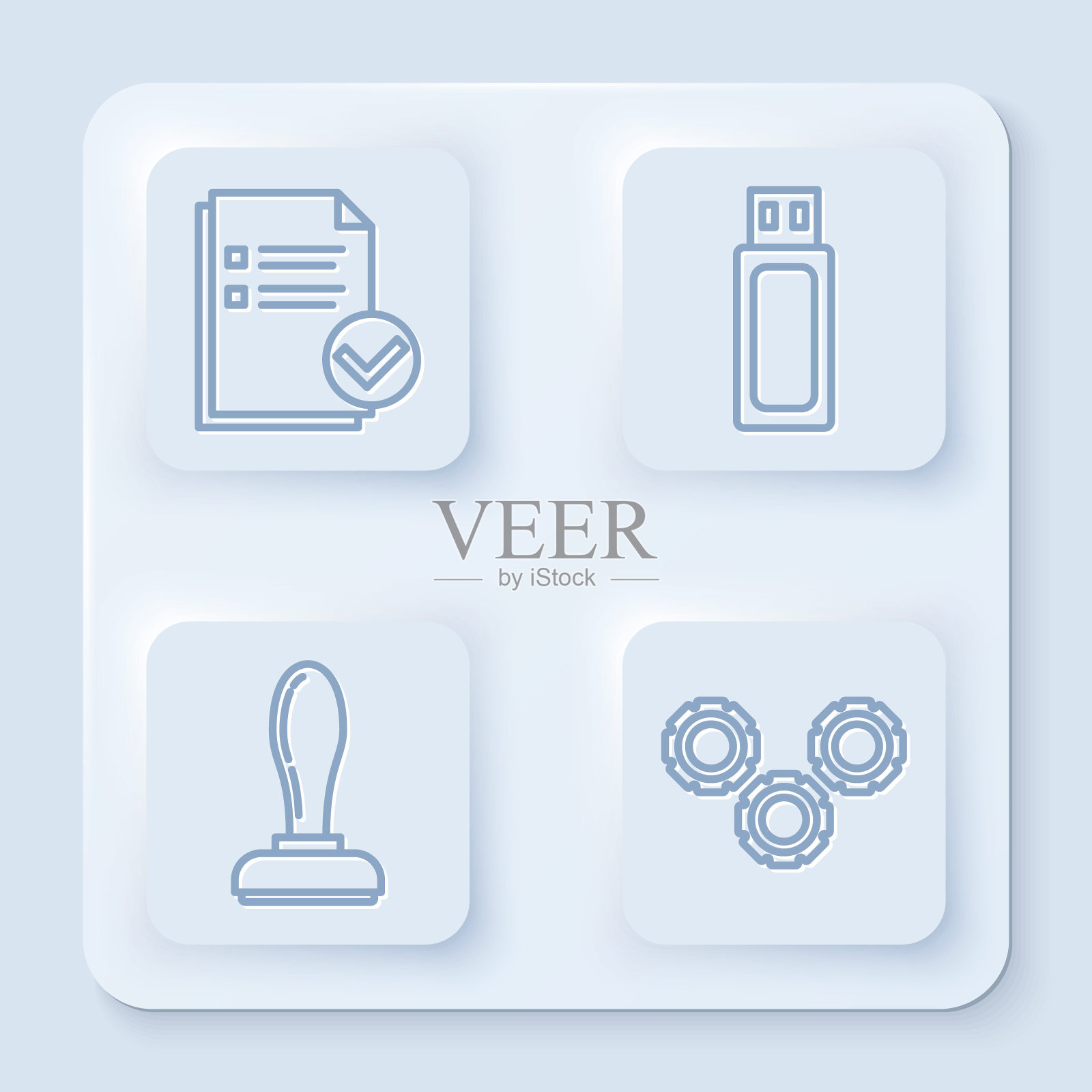 设置线文件和检查标记,USB闪存驱动器,邮票和齿轮。白色方形按钮。向量插画图片素材