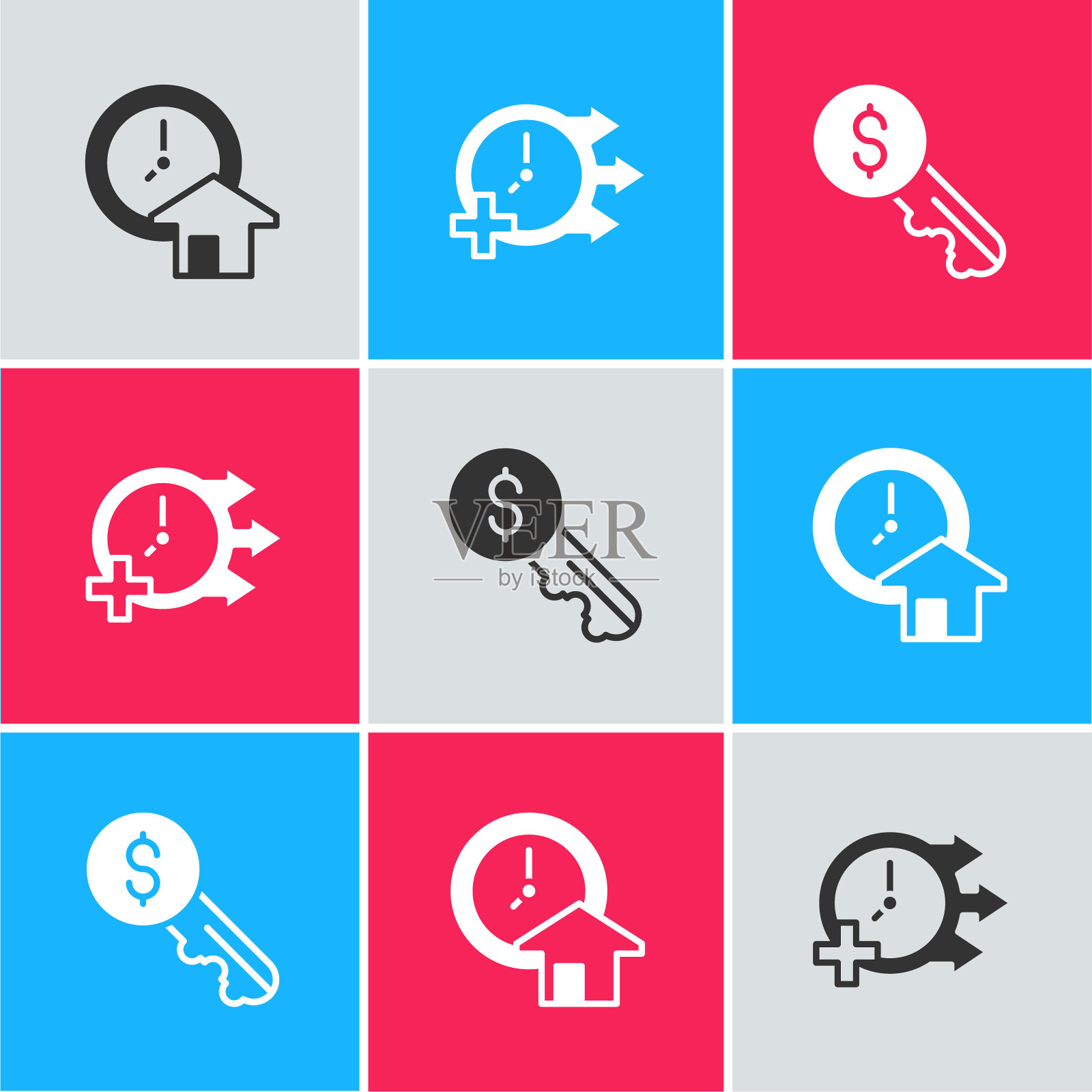 设置时间是金钱,时钟和租金键图标。向量插画图片素材