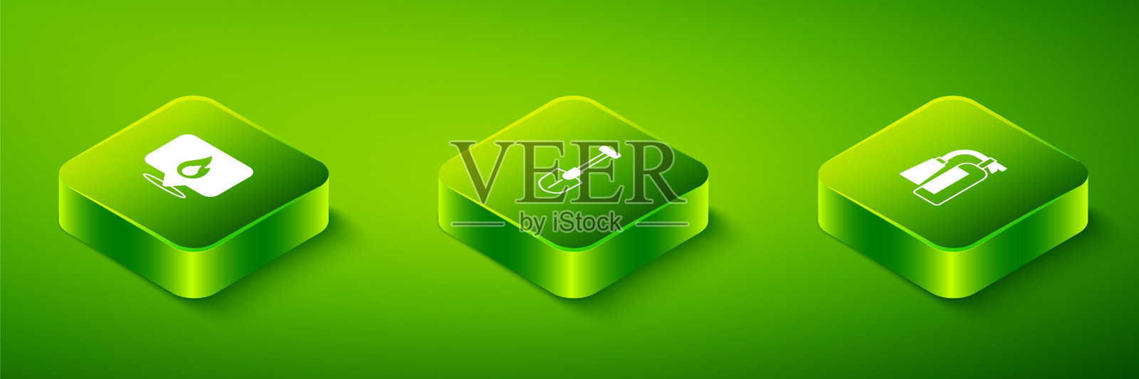 设置等距消防铲,灭火器和位置与火焰图标。向量插画图片素材