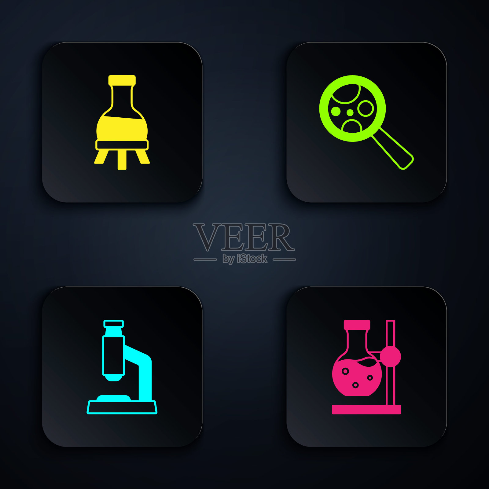 将试管烧瓶放在支架上,显微镜和微生物放在放大镜下。黑色方形按钮。向量插画图片素材