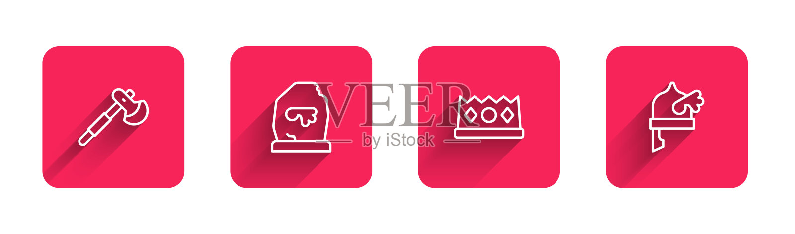 设定线木斧,魔法符文,国王王冠和海盗角盔长阴影。红色方块按钮。向量插画图片素材