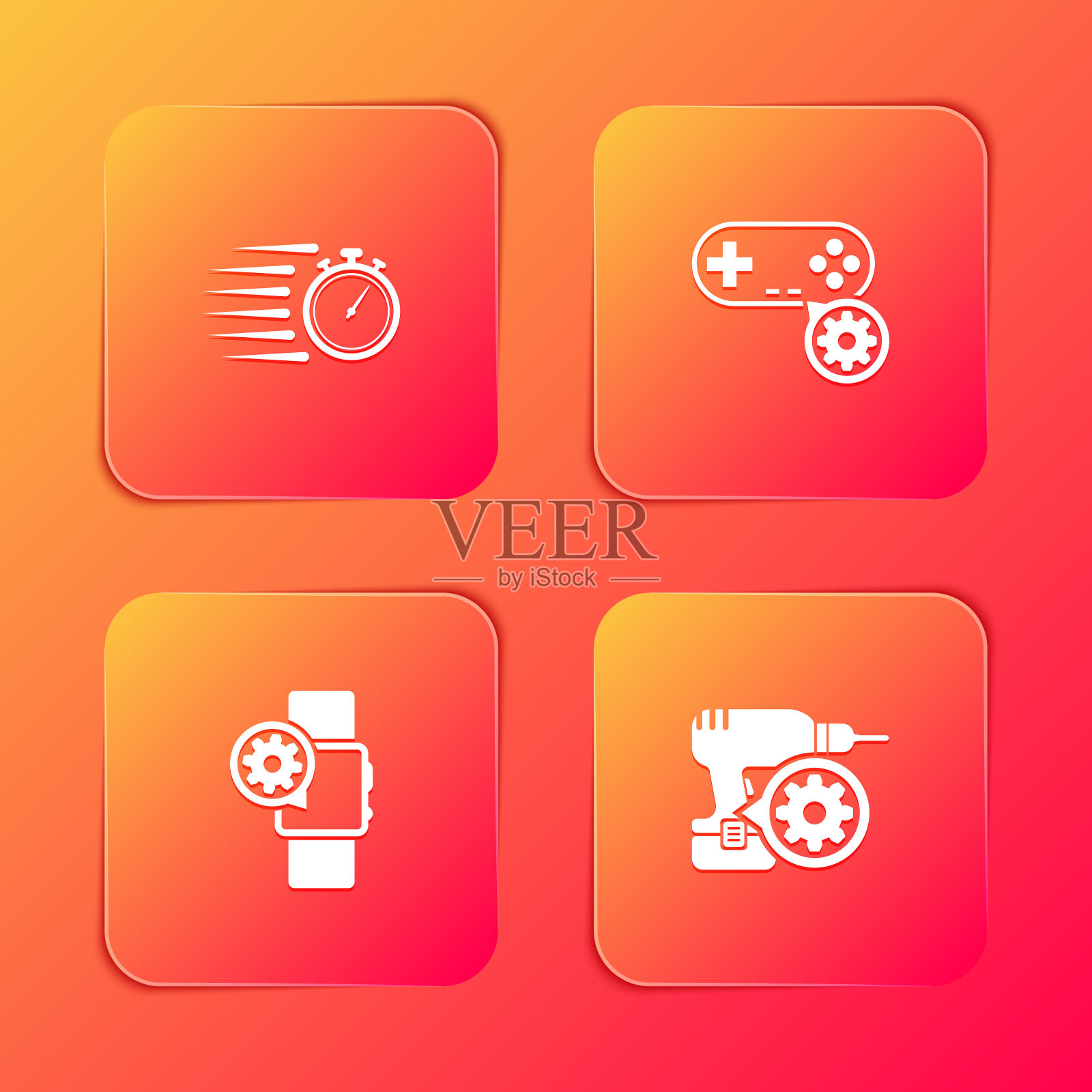 设置秒表,手柄设置,智能手表和钻机图标。向量插画图片素材