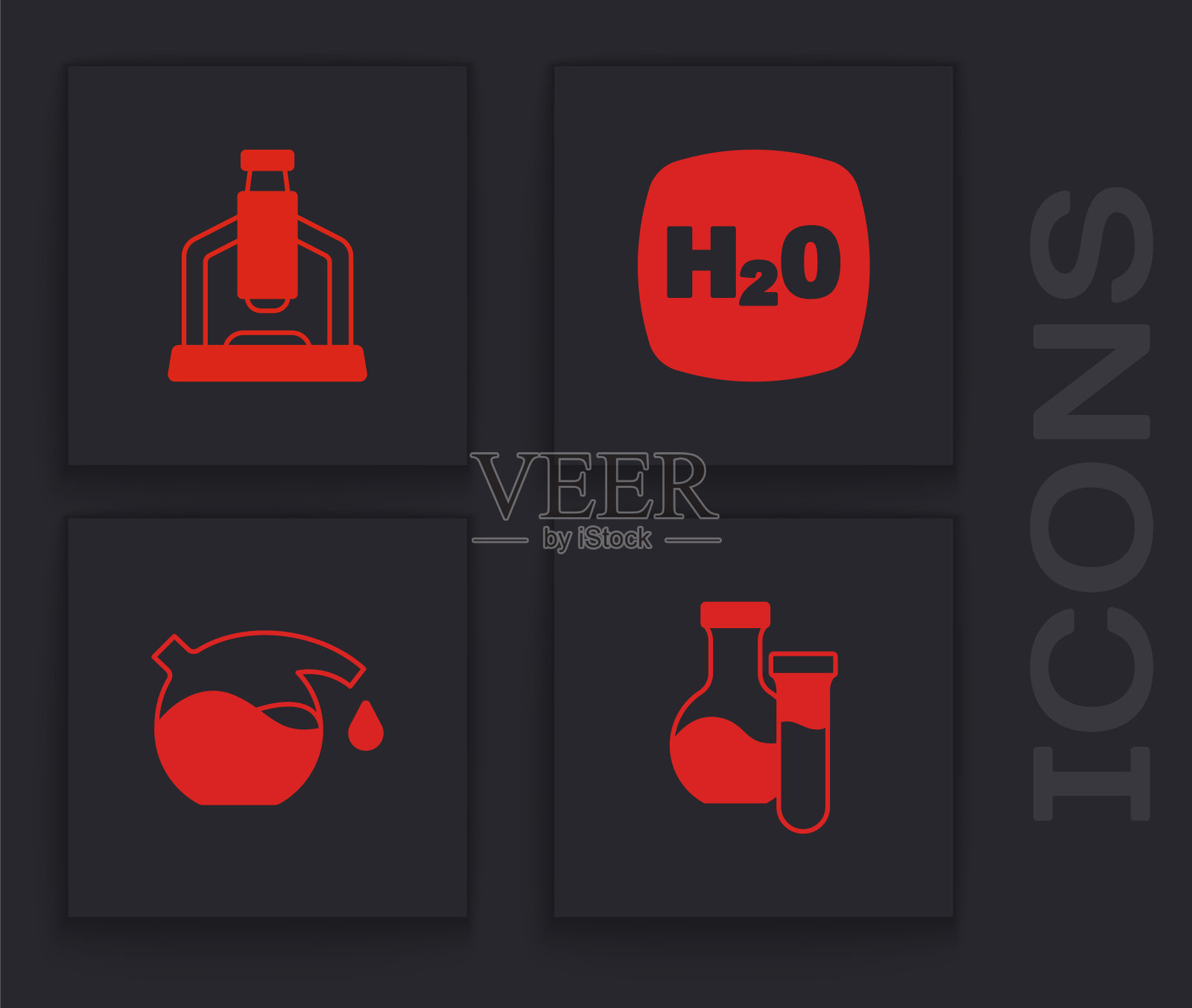 设置试管,显微镜,化学式H2O和图标。向量插画图片素材