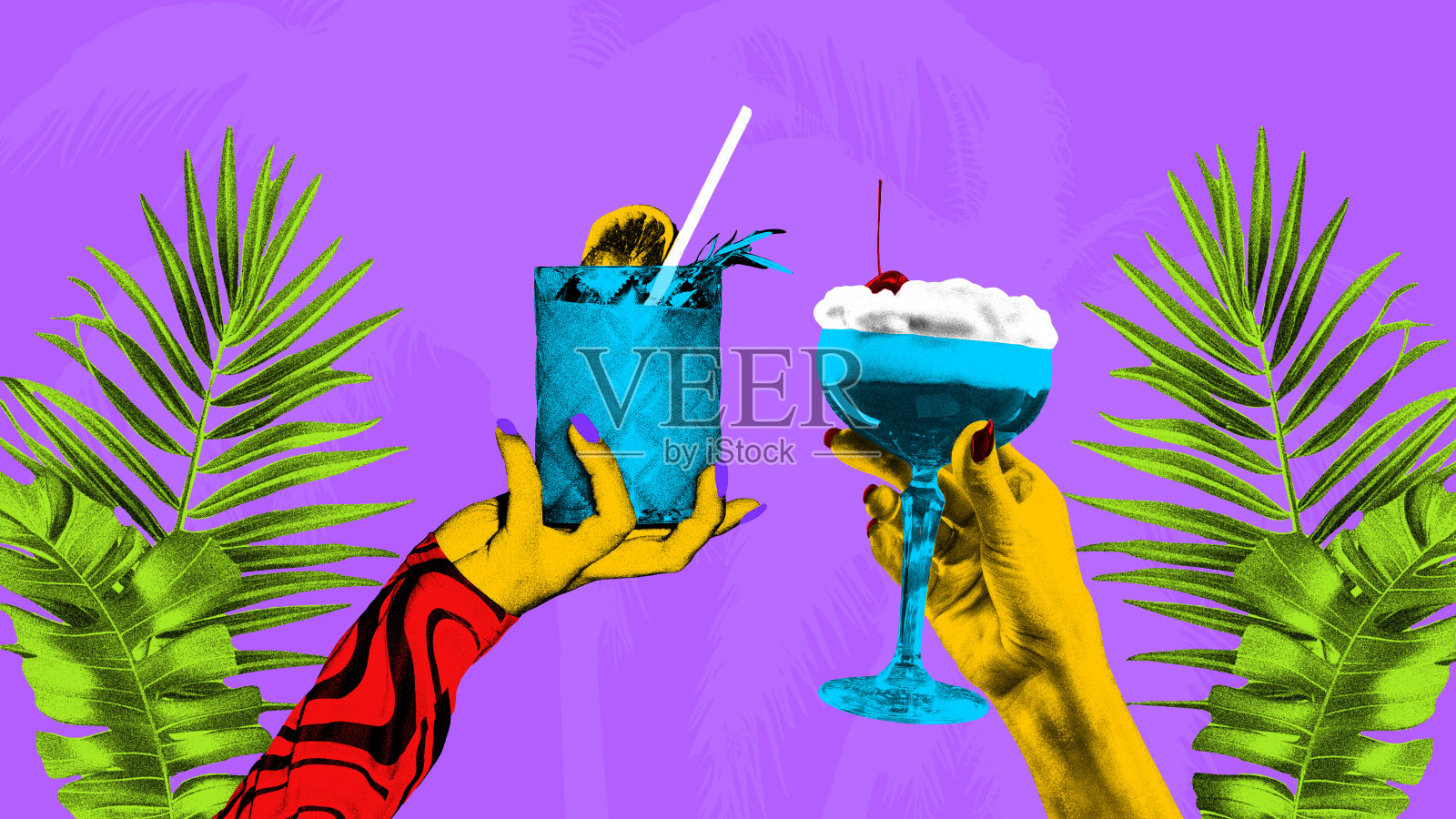 当代艺术拼贴。手拿着五颜六色的饮料,紫色的背景和郁郁葱葱的棕榈叶。纹理织物效果。照片摄影图片