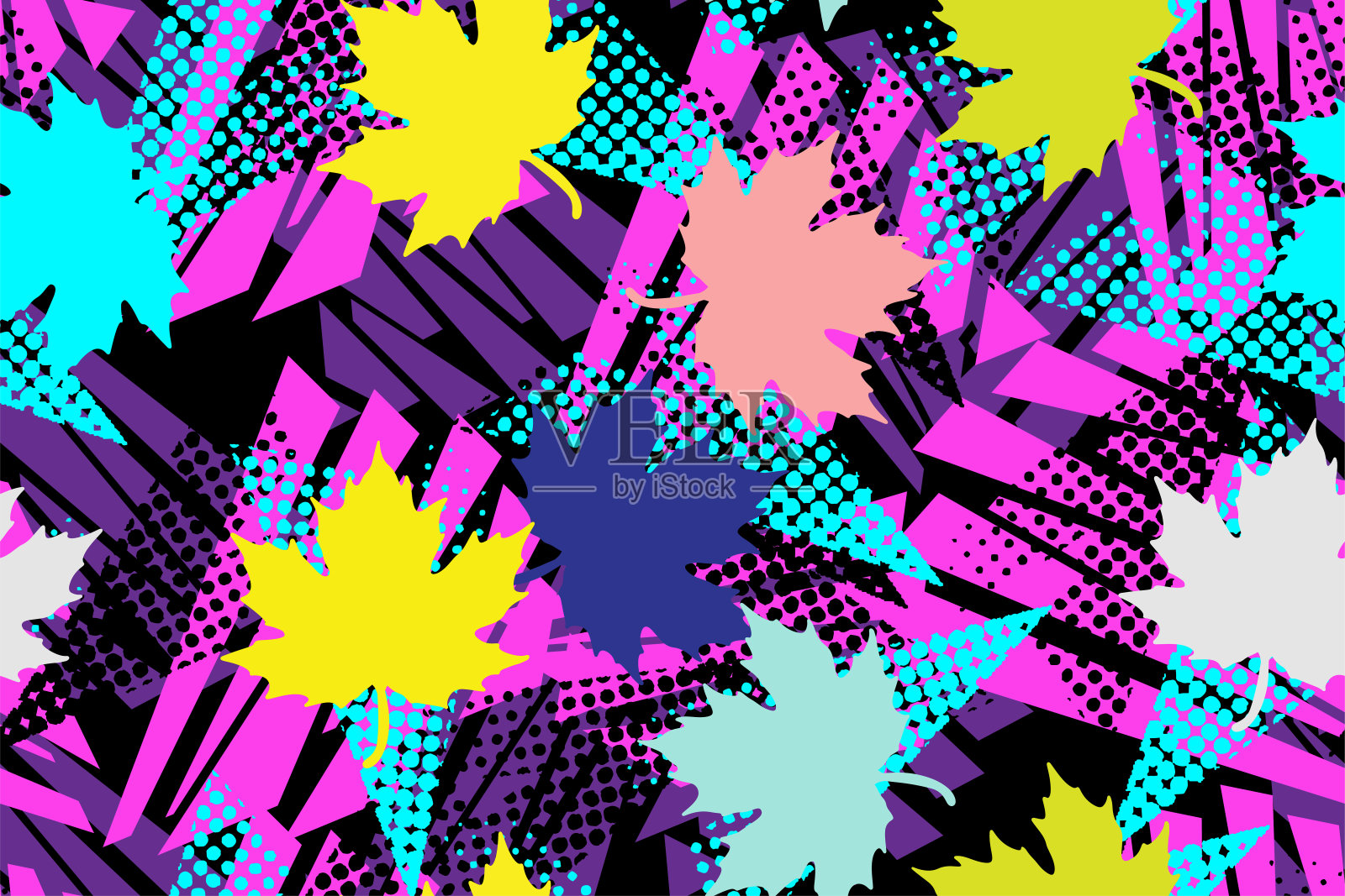 枫叶无缝图案与彩色复古半色调几何形状插画图片素材