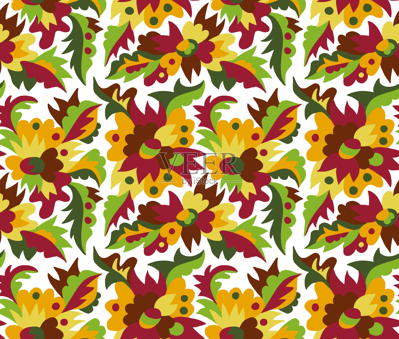 无缝图案在乌克兰绘画风格,samchykivka,五颜六色盛开的花朵和树叶插画图片素材