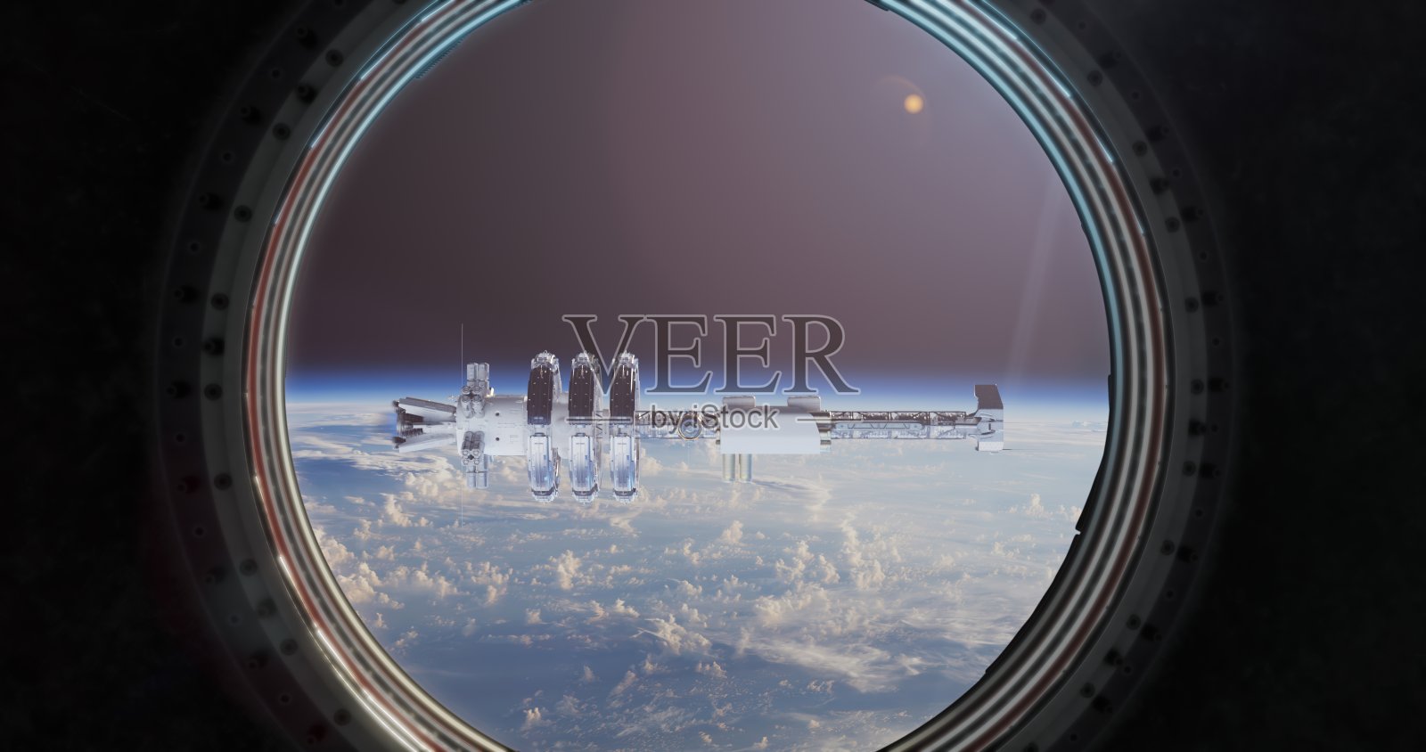 通过火箭的舷窗可以看到空间站照片摄影图片
