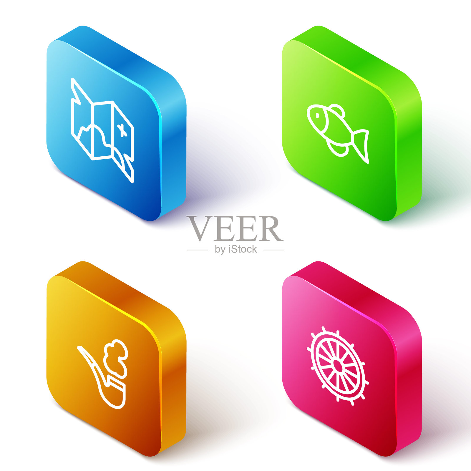 设置等距线海盗藏宝图,鱼,烟管和船舶方向盘图标。向量插画图片素材