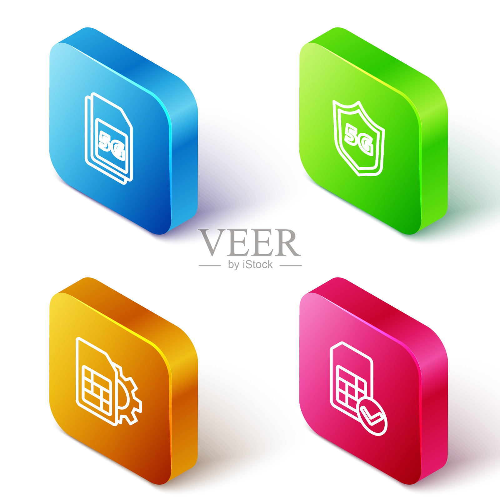 设置等距线5G Sim卡,防护罩,卡设置和图标。向量插画图片素材