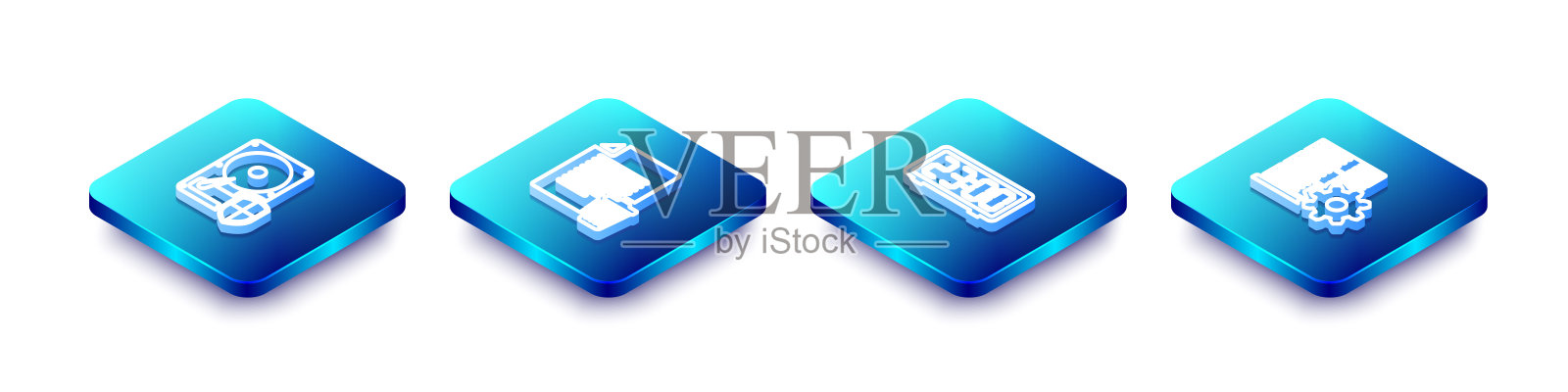 设置等距线硬盘驱动器HDD保护,删除文件文档,数字闹钟和服务器设置图标。向量插画图片素材