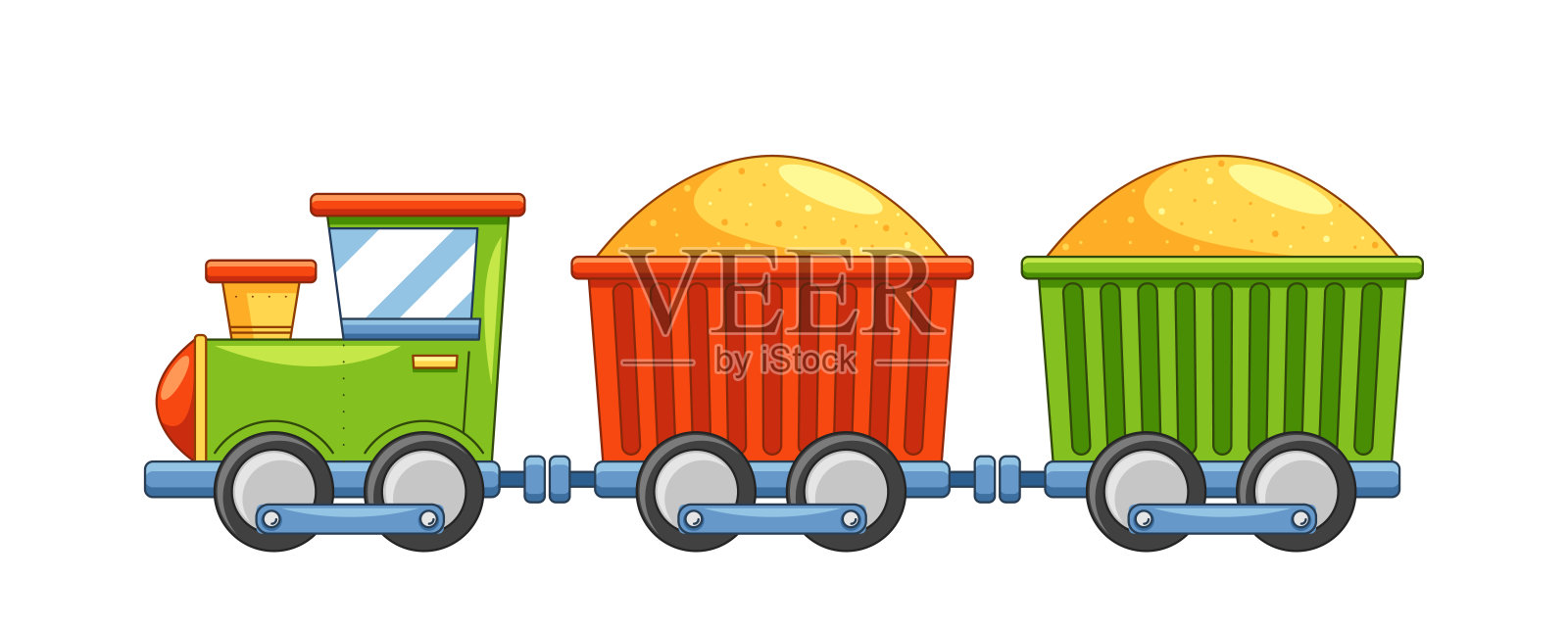 可爱的卡通火车机车和彩色红色和绿色的货车,充满了黄沙,矢量插图插画图片素材