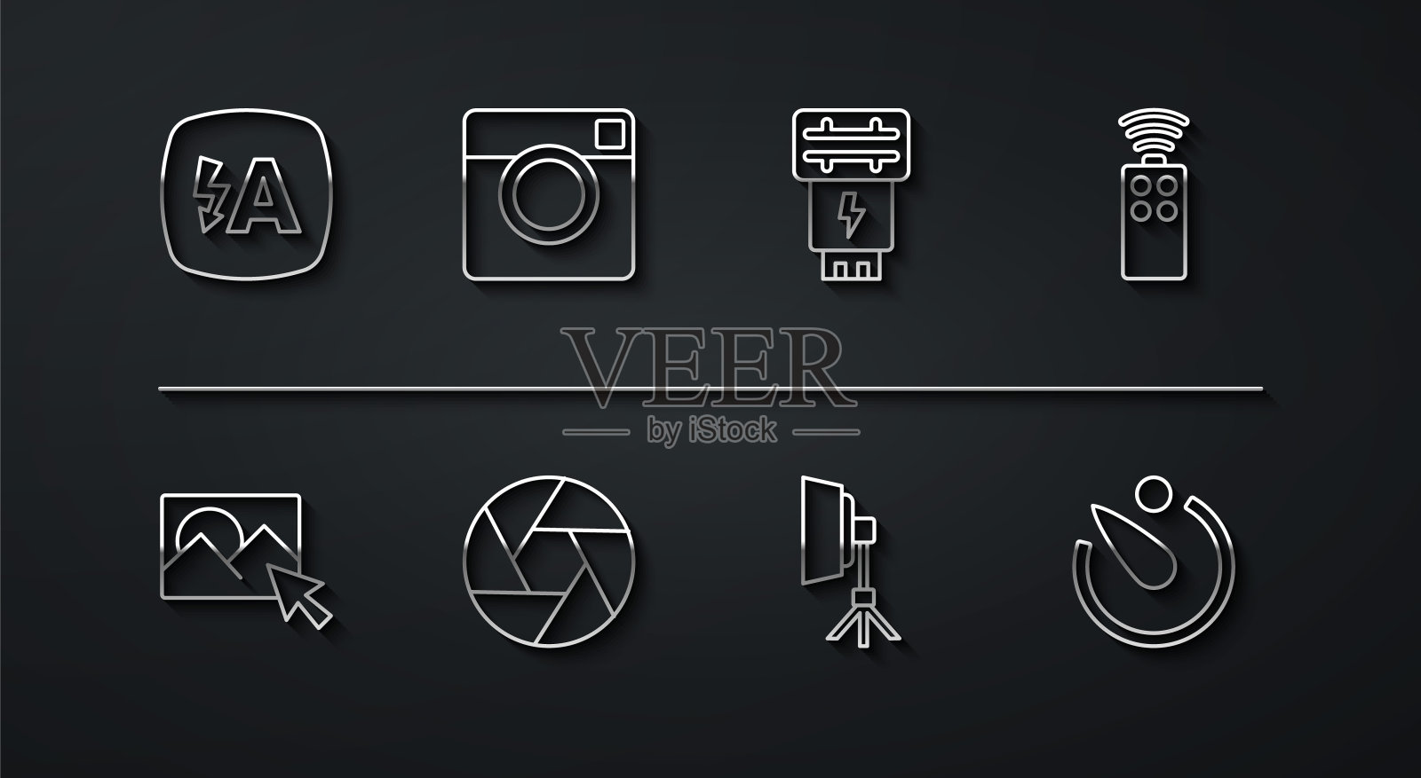 设置线自动闪光,照片修图,相机遥控,软箱灯,相机快门,定时器和图标。向量插画图片素材