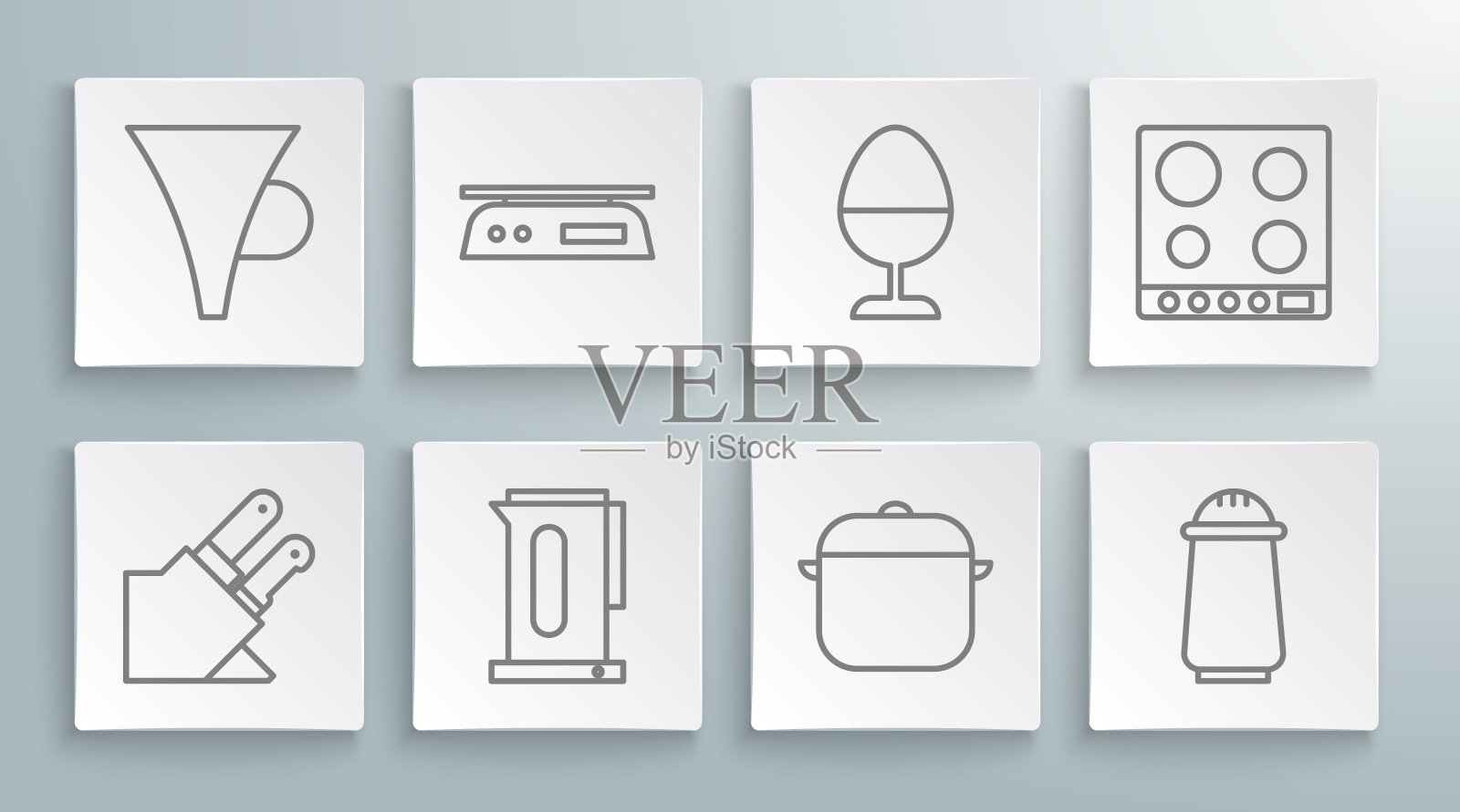 设置线刀,电子秤,带柄水壶,烹饪锅,盐胡椒,鸡蛋架,煤气炉和漏斗或过滤器图标。向量插画图片素材