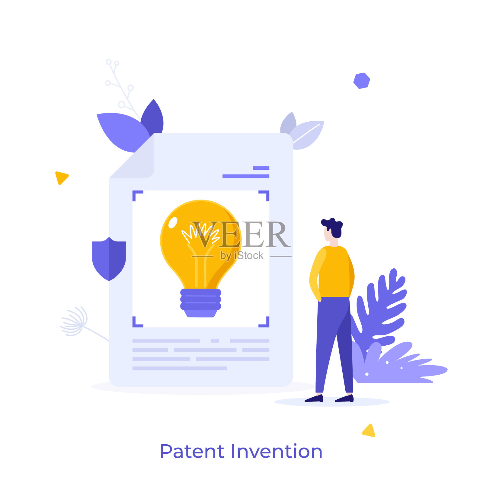 一个人在看纸上的灯泡。发明专利的概念,保护工业产权或专有技术,保护发明人的智力劳动。平面矢量插图的横幅。插画图片素材